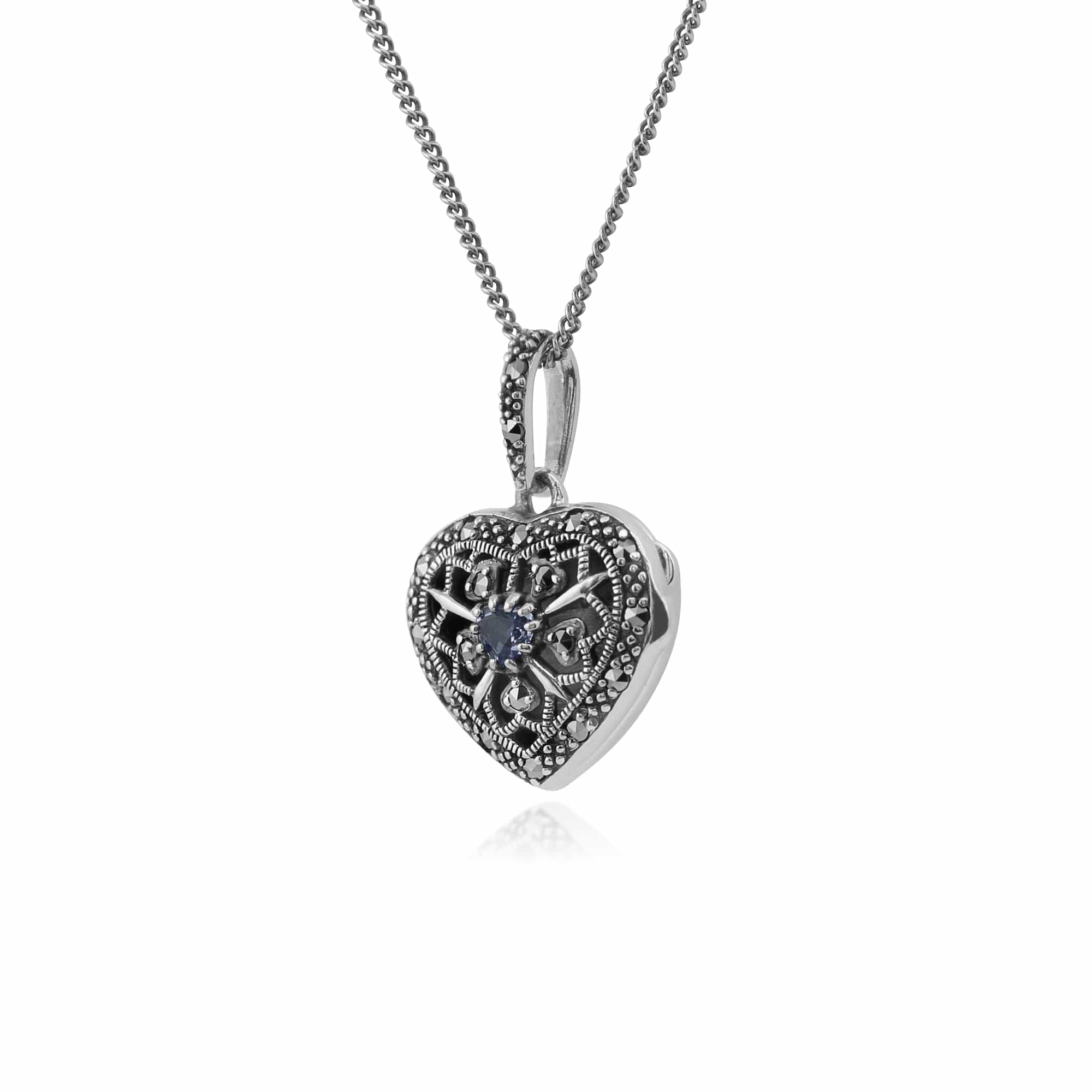 214N461909925 Art Nouveau Style Round Tanzanite & Marcasite Heart Necklace in 925 Sterling Silver 2
