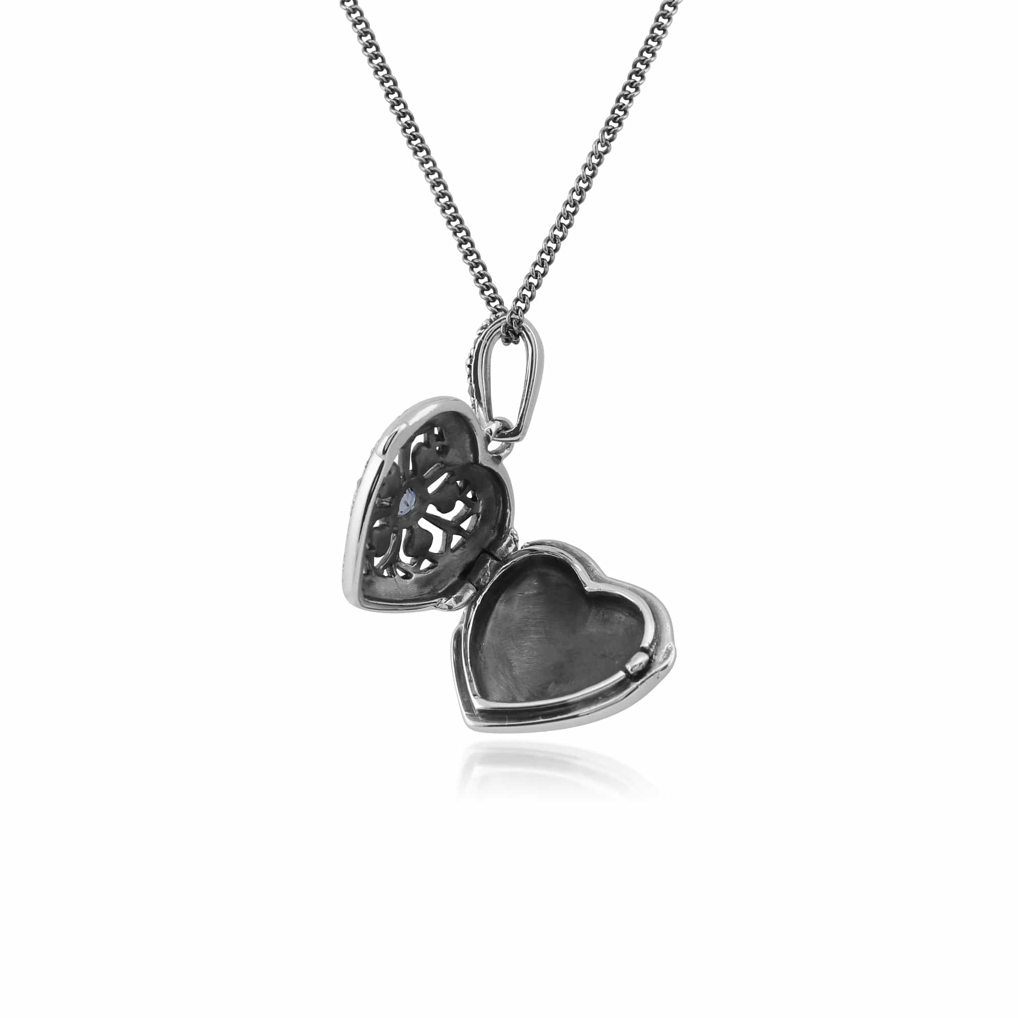 214N461909925 Art Nouveau Style Round Tanzanite & Marcasite Heart Necklace in 925 Sterling Silver 3