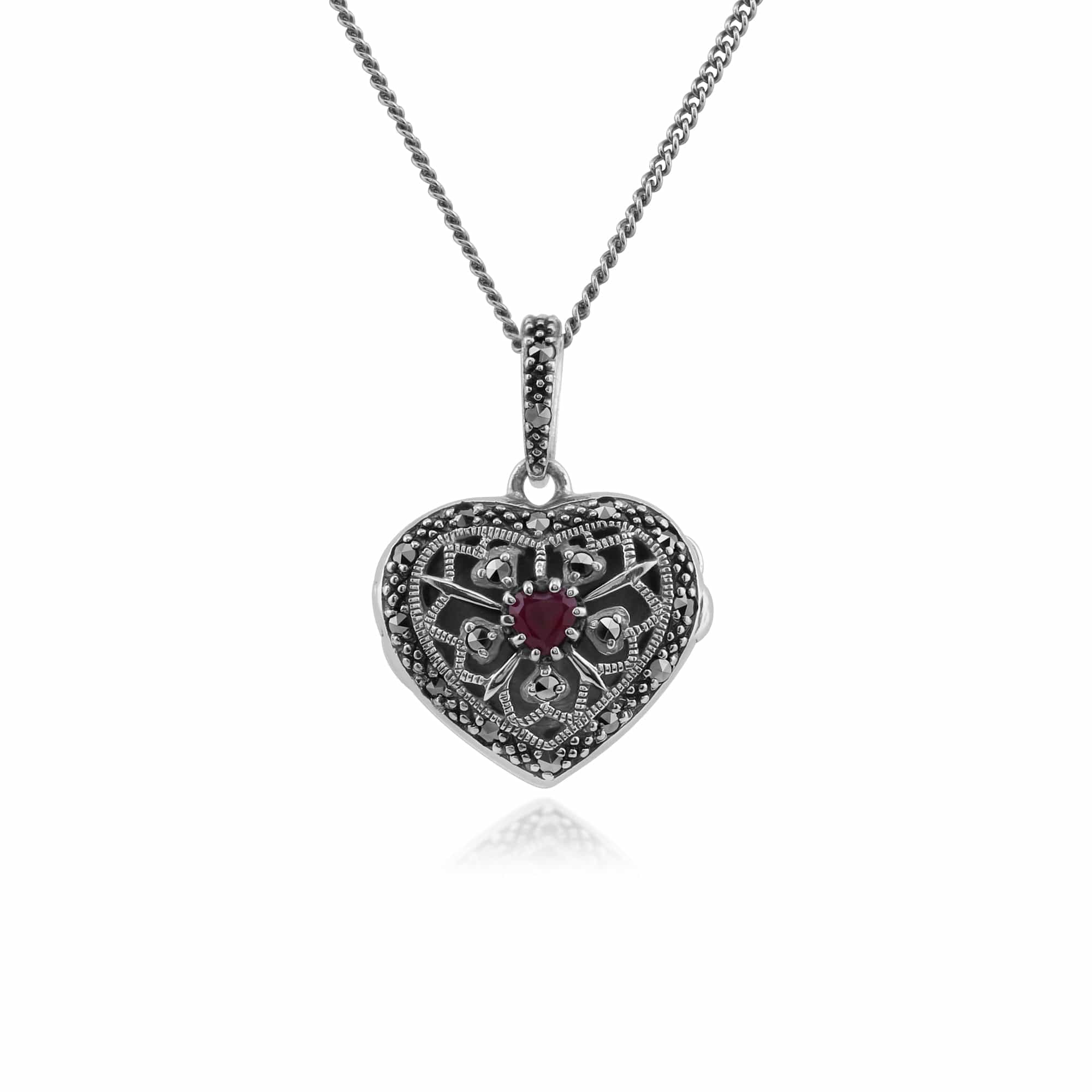 Art Nouveau Style Round Ruby & Marcasite Silver Heart Necklace - Gemondo