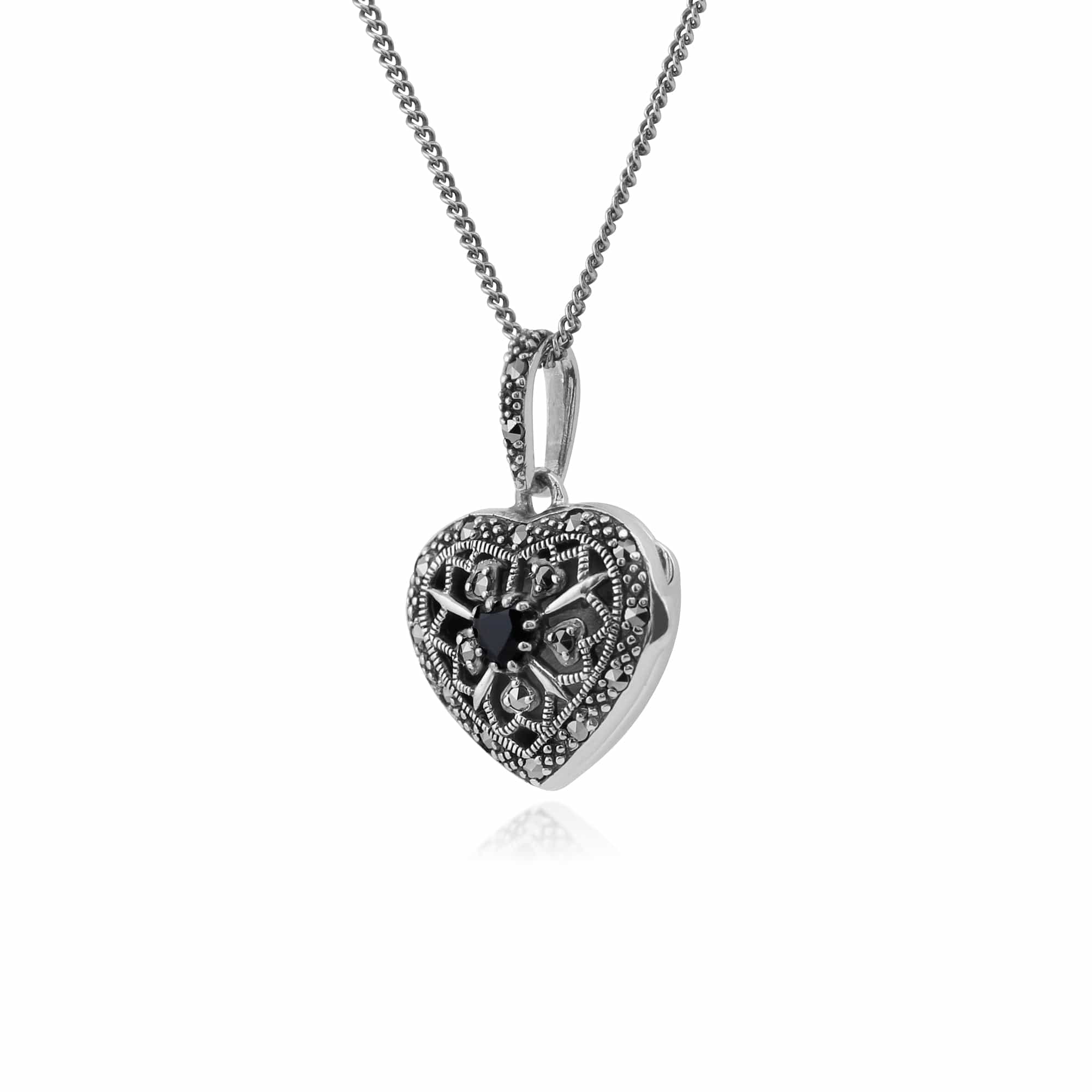 Art Nouveau Style Round Sapphire & Marcasite Heart Necklace in 925 Sterling Silver - Gemondo