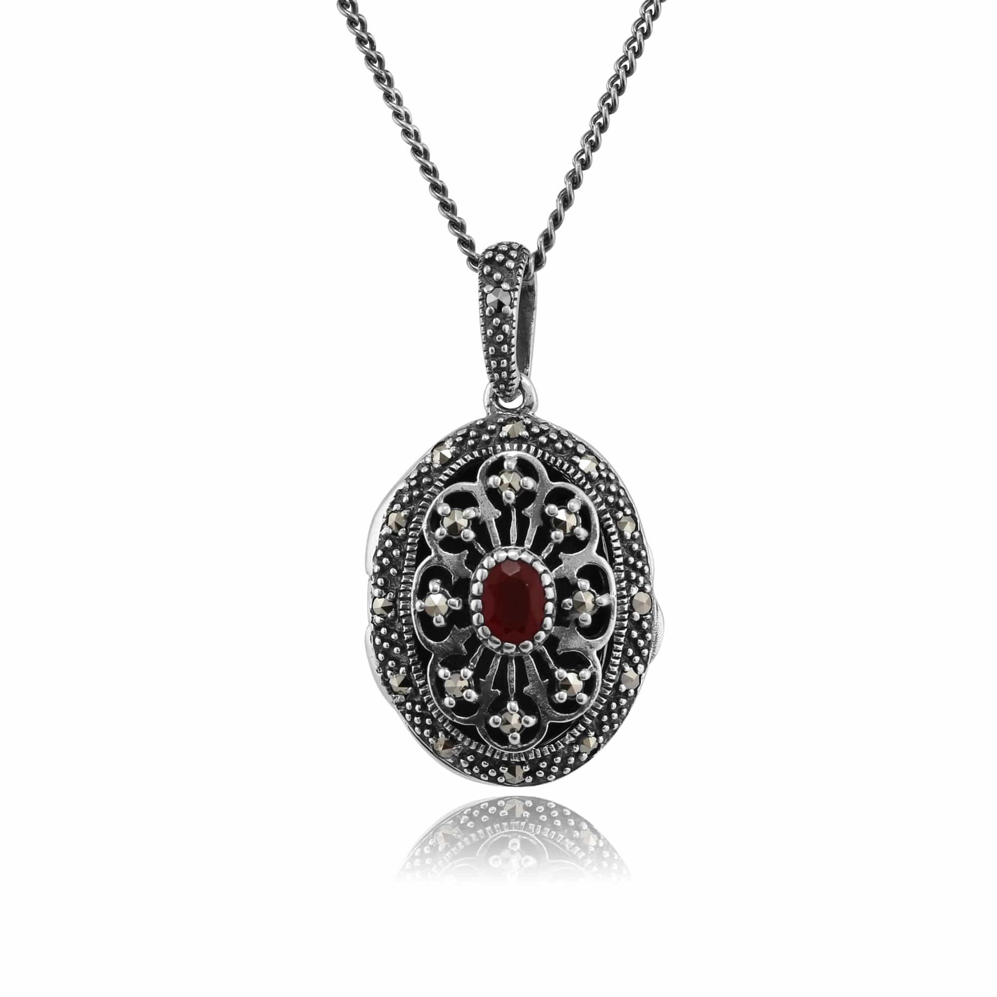Victorian Style Oval Cornelian & Marcasite Locket on Chain in Sterling Silver - Gemondo