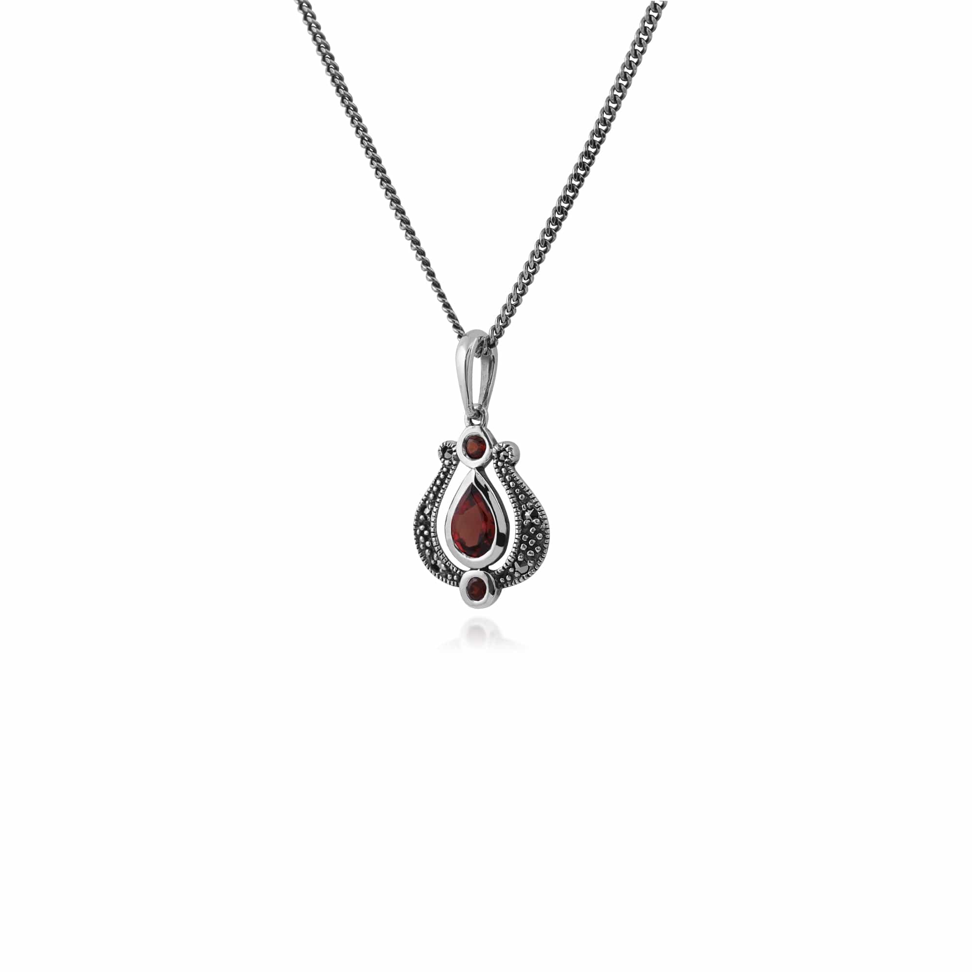 Art Nouveau Style Pear Garnet & Marcasite Floral Tulip Pendant in 925 Sterling Silver - Gemondo