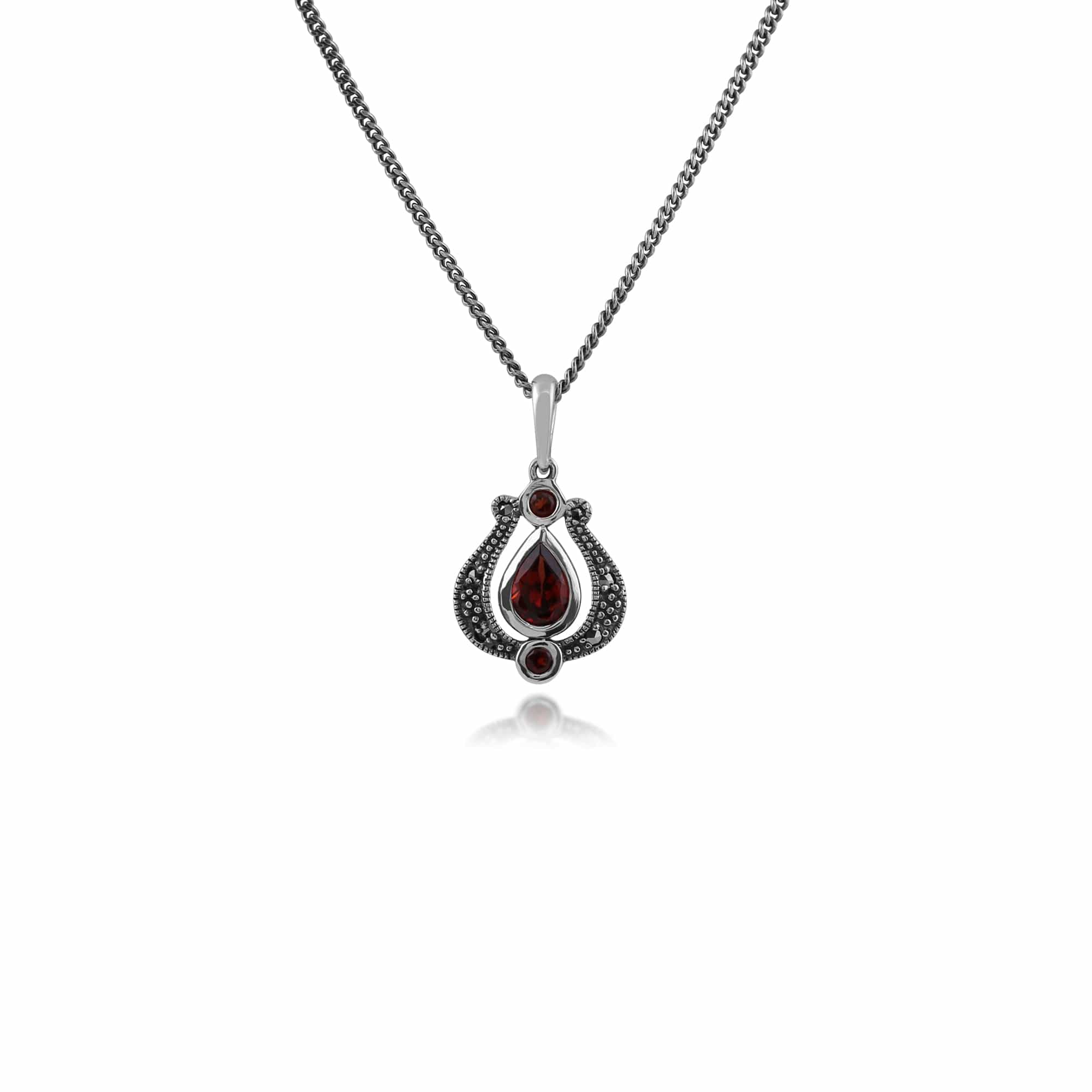 Art Nouveau Style Pear Garnet & Marcasite Floral Tulip Pendant in 925 Sterling Silver - Gemondo
