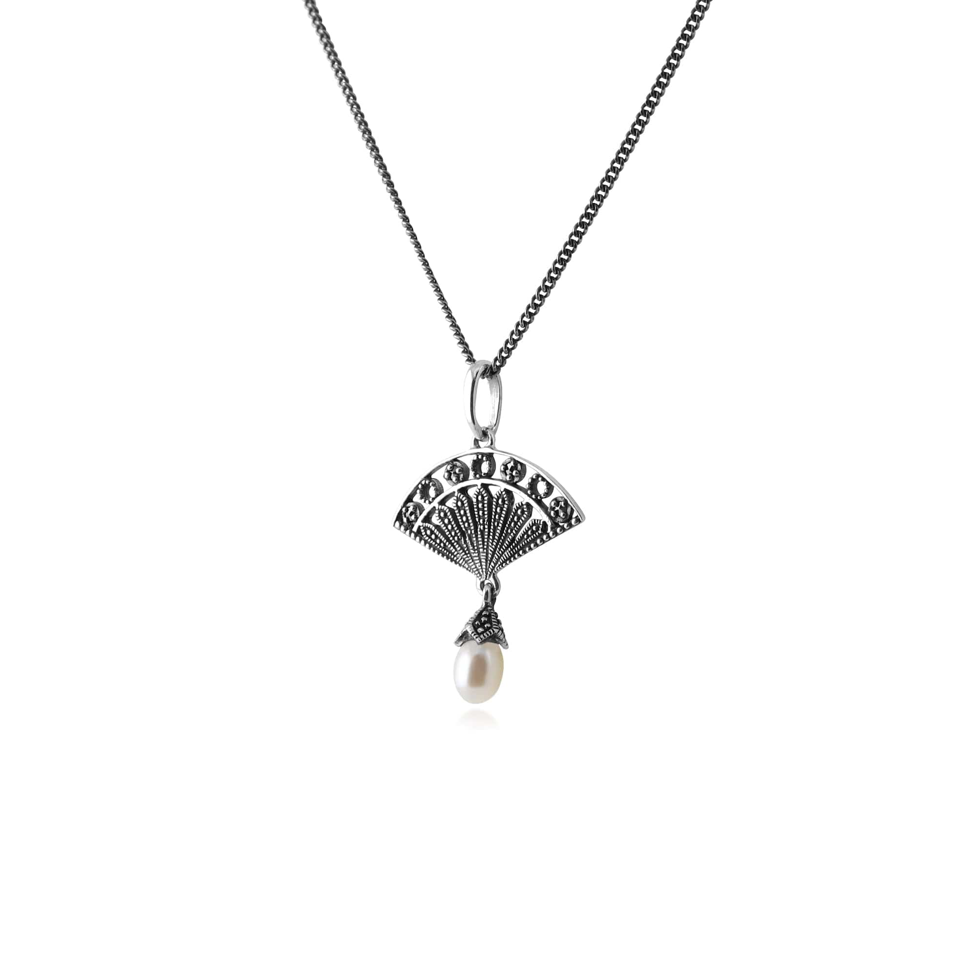 Art Deco Style Freshwater Pearl & Marcasite Pendant in 925 Sterling Silver - Gemondo