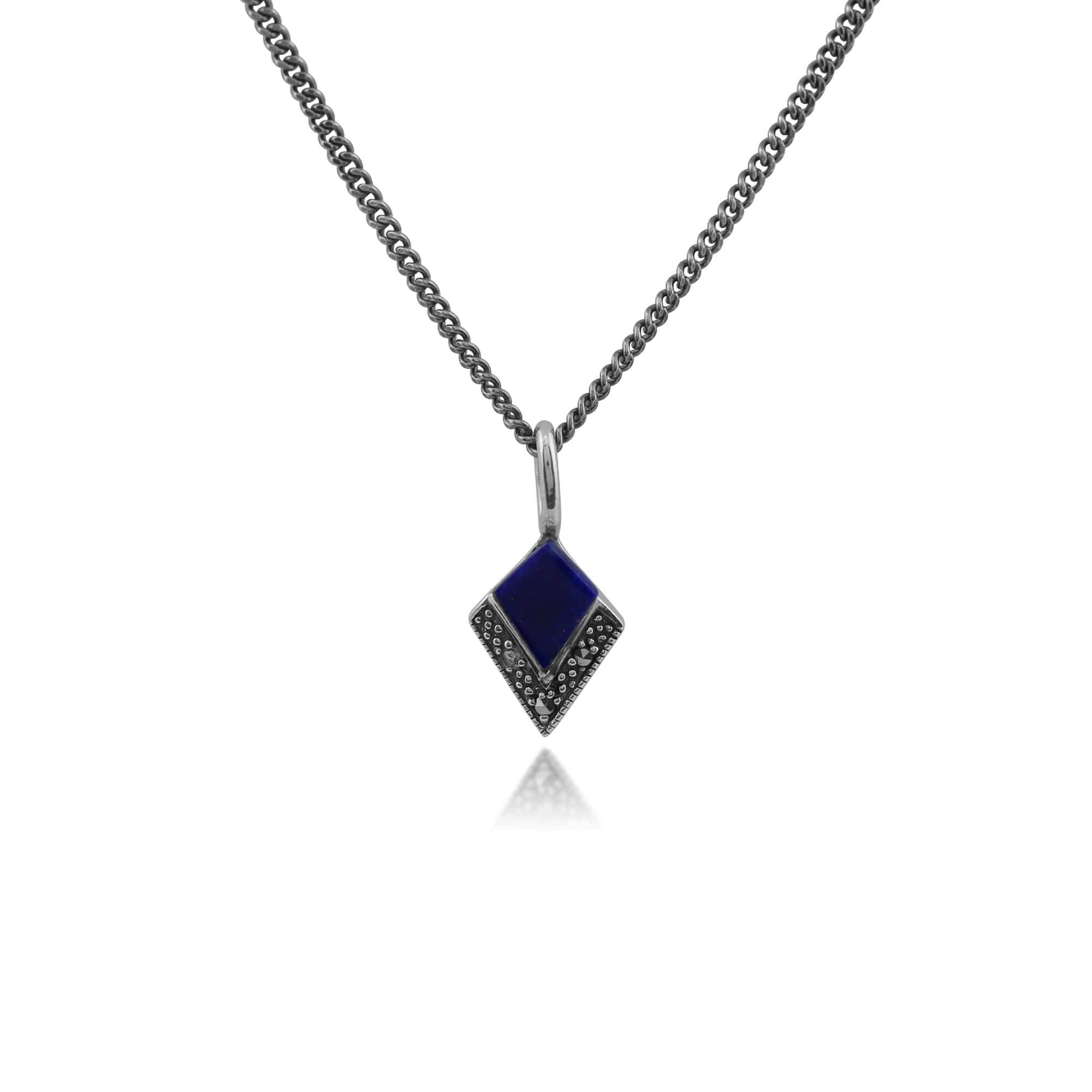 Art Deco Style Lapis Lazuli Cabochon & Marcasite Diamond Shape Pendant in 925 Sterling Silver - Gemondo