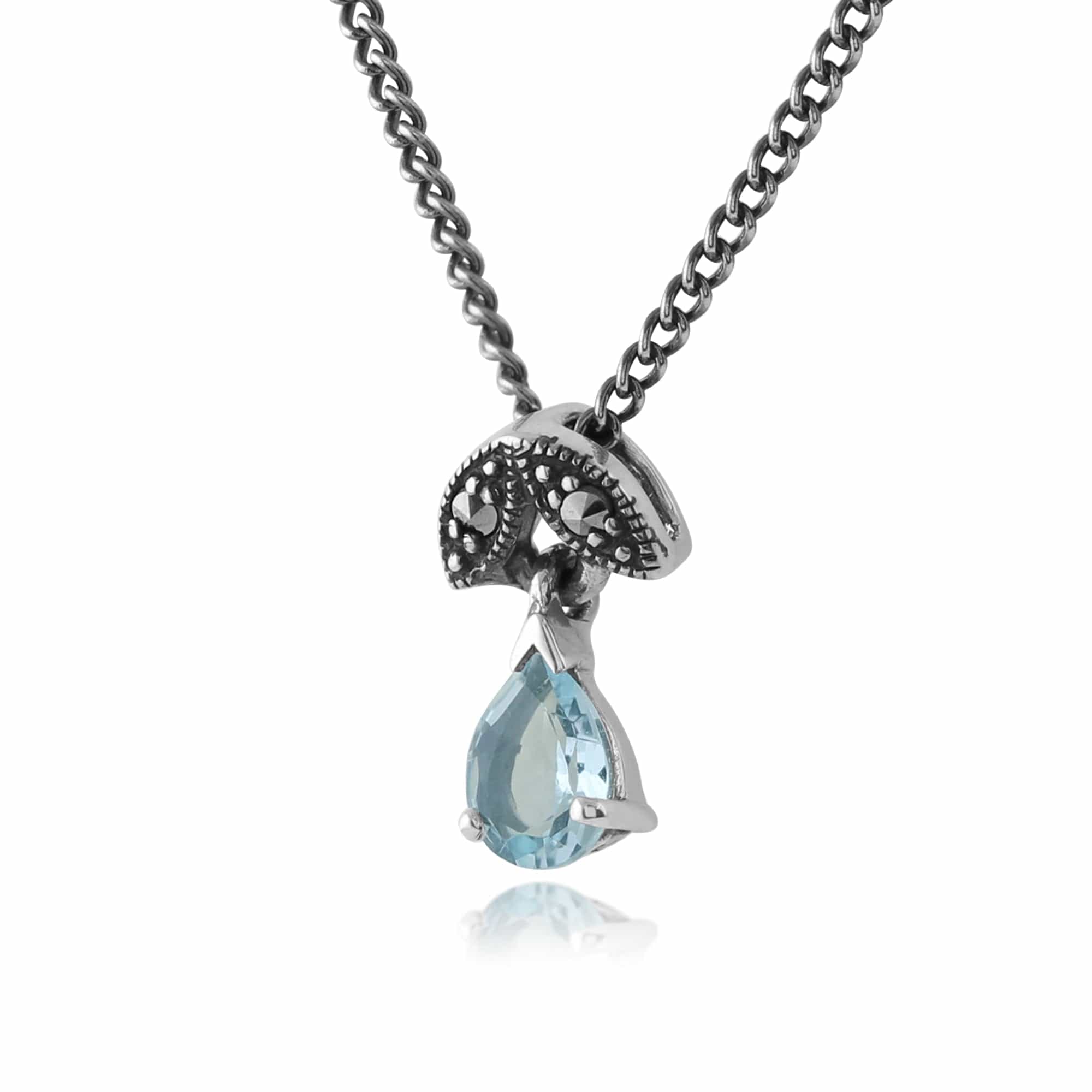 214N488909925 Art Nouveau Style Pear Aquamarine & Marcasite Pendant in 925 Sterling Silver 2