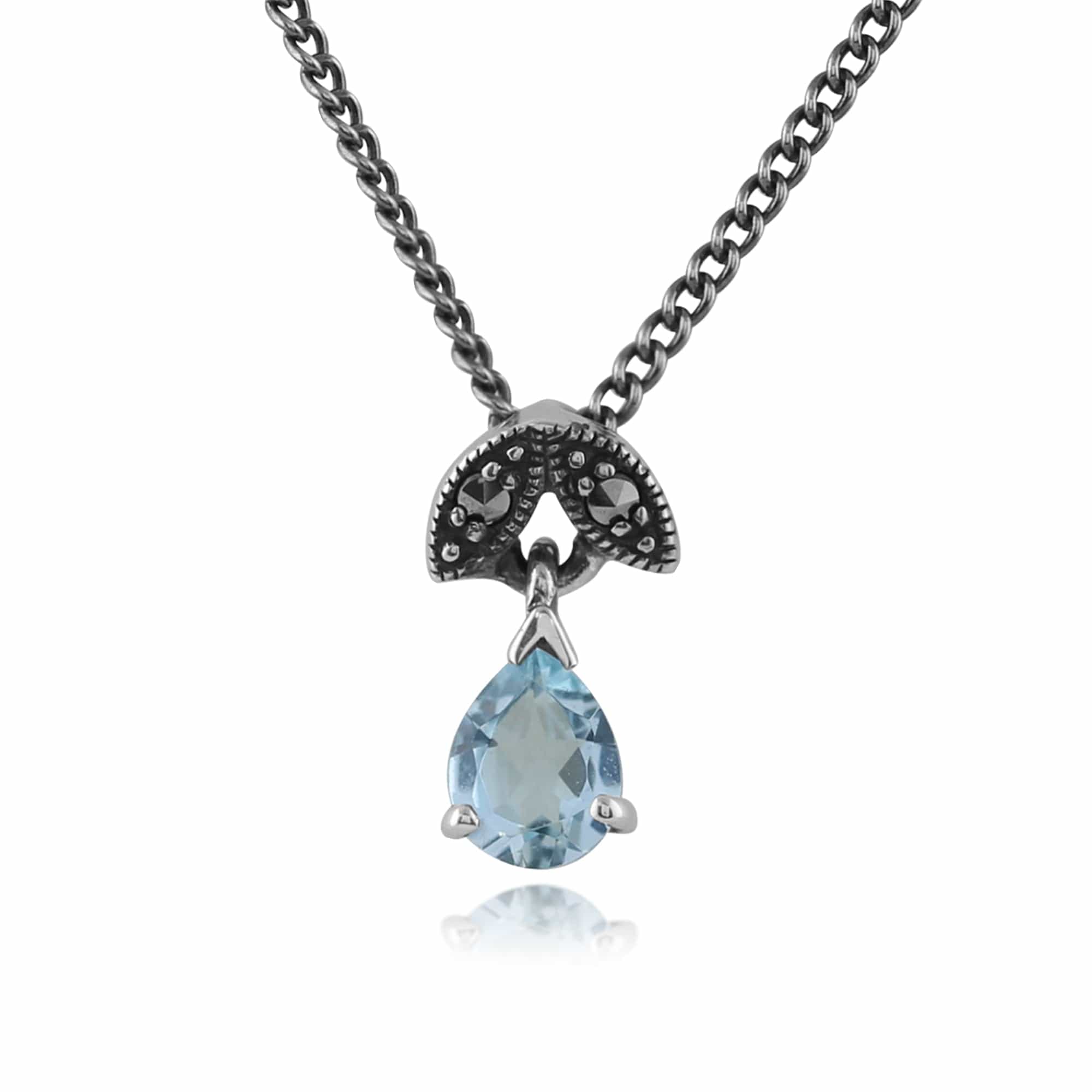Art Nouveau Style Pear Aquamarine & Marcasite Pendant in 925 Sterling Silver - Gemondo