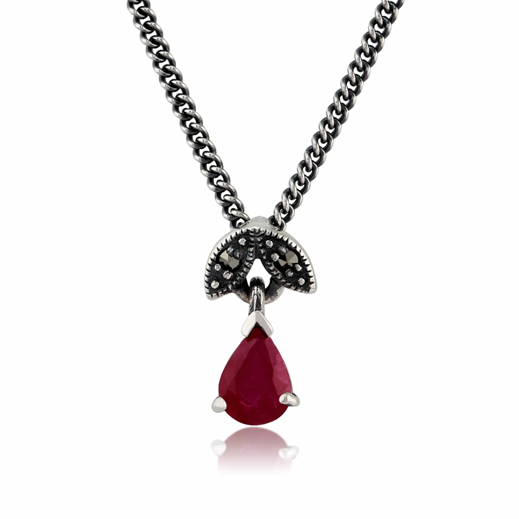 Art Nouveau Style Pear Ruby & Marcasite Pendant in 925 Sterling Silver - Gemondo