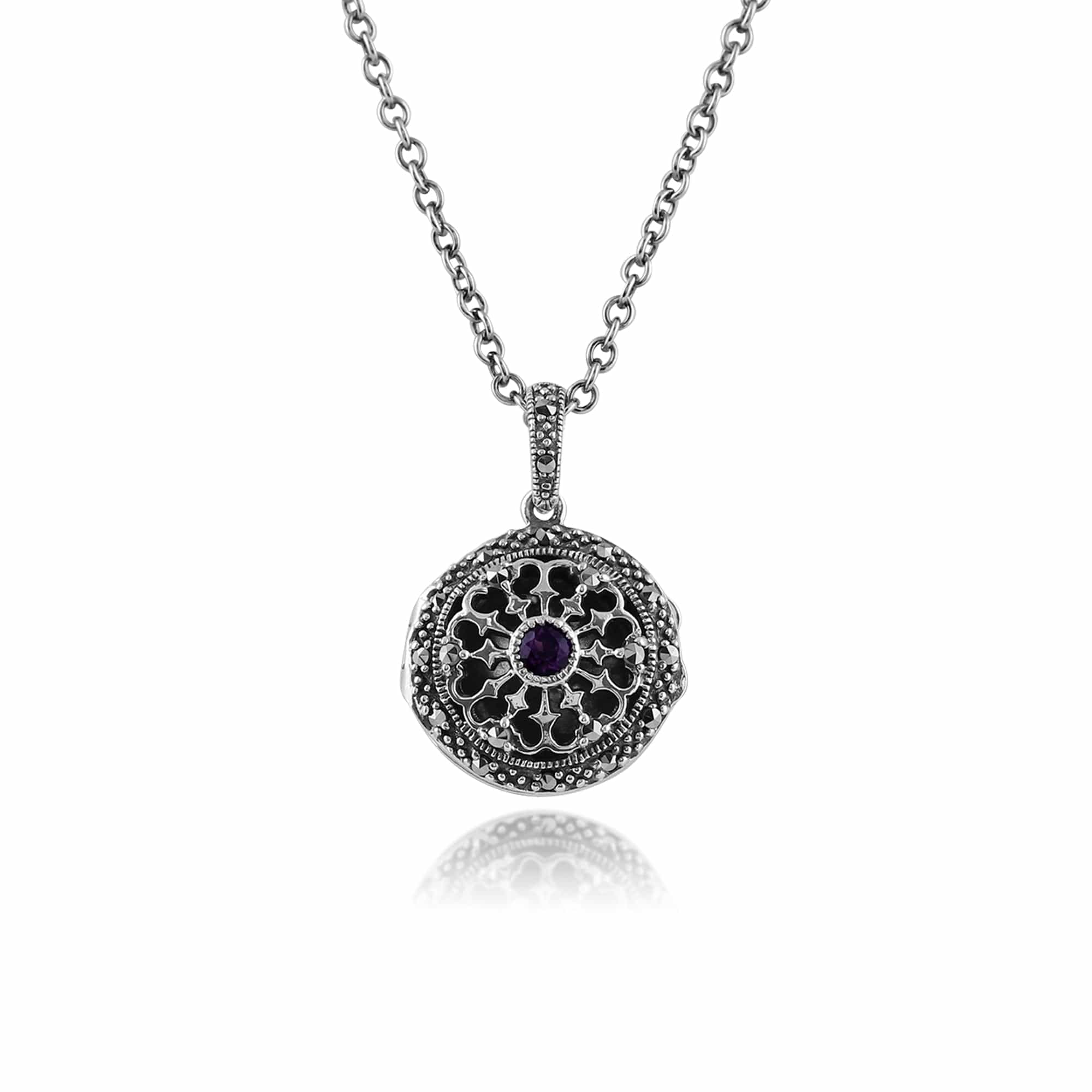 Art Nouveau Style Round Amethyst & Marcasite Locket on Chain in 925 Sterling Silver - Gemondo