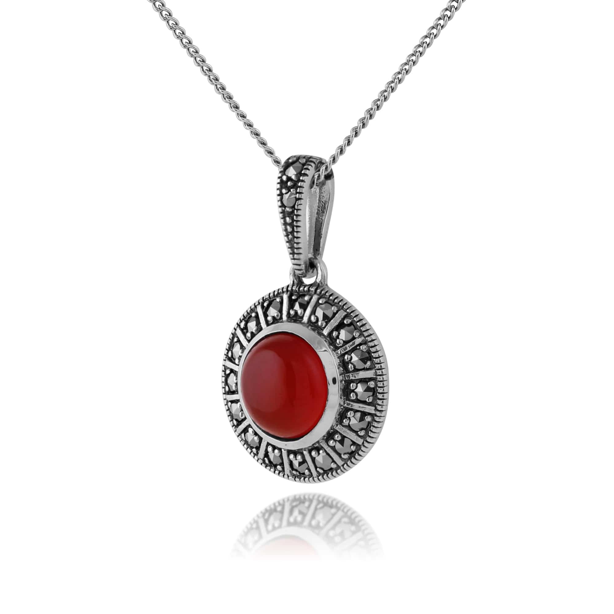 214N646501925 Art Deco Style Round Carnelian Cabochon & Marcasite Pendant in 925 Sterling Silver 2