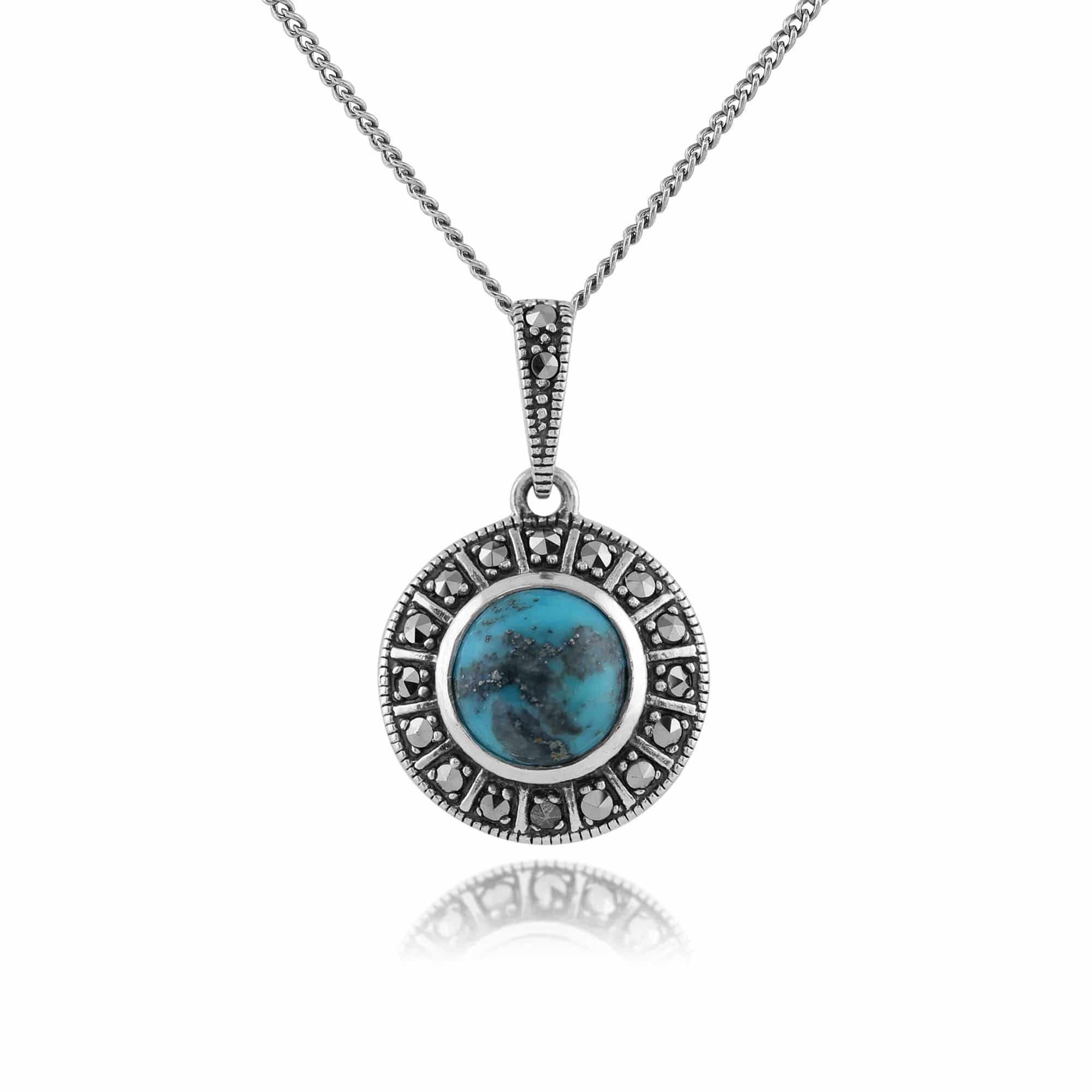 Art Deco Style Round Turquoise Cabochon & Marcasite Pendant in 925 Sterling Silver - Gemondo