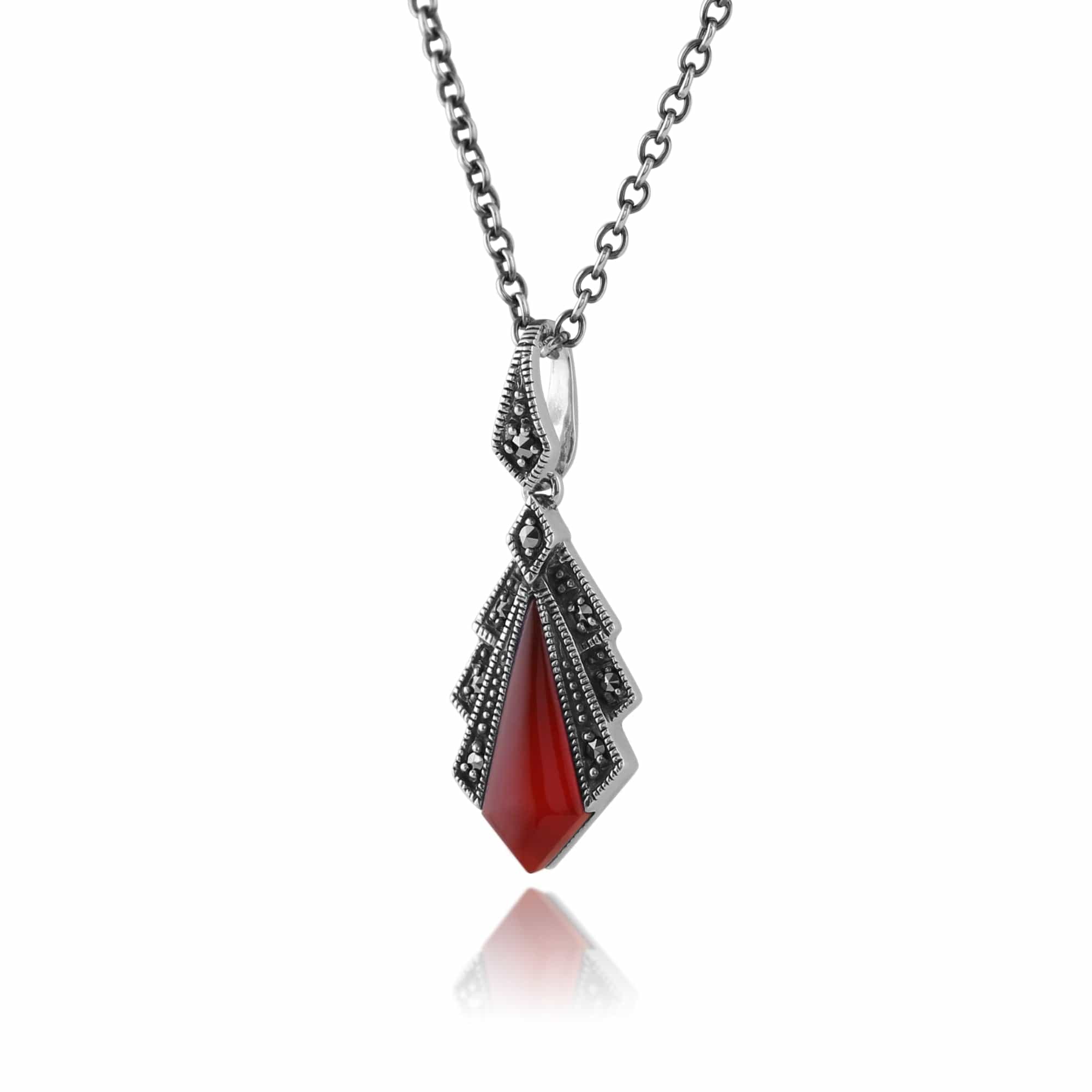 214N658203925 Art Deco Style Carnelian & Marcasite Pendant in 925 Sterling Silver 3