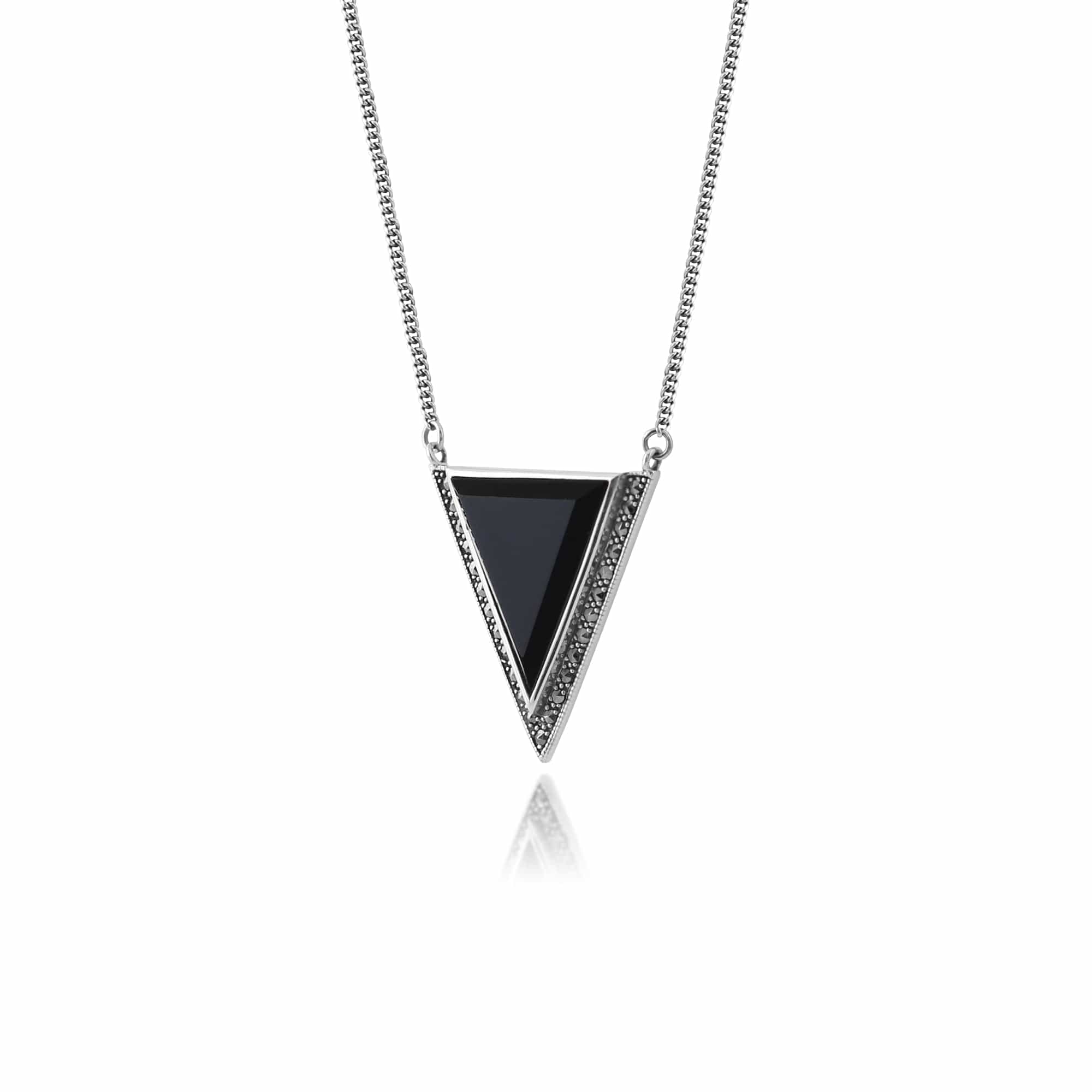 Art Deco Style Triangle Black Onyx & Marcasite Necklace in 925 Sterling Silver - Gemondo
