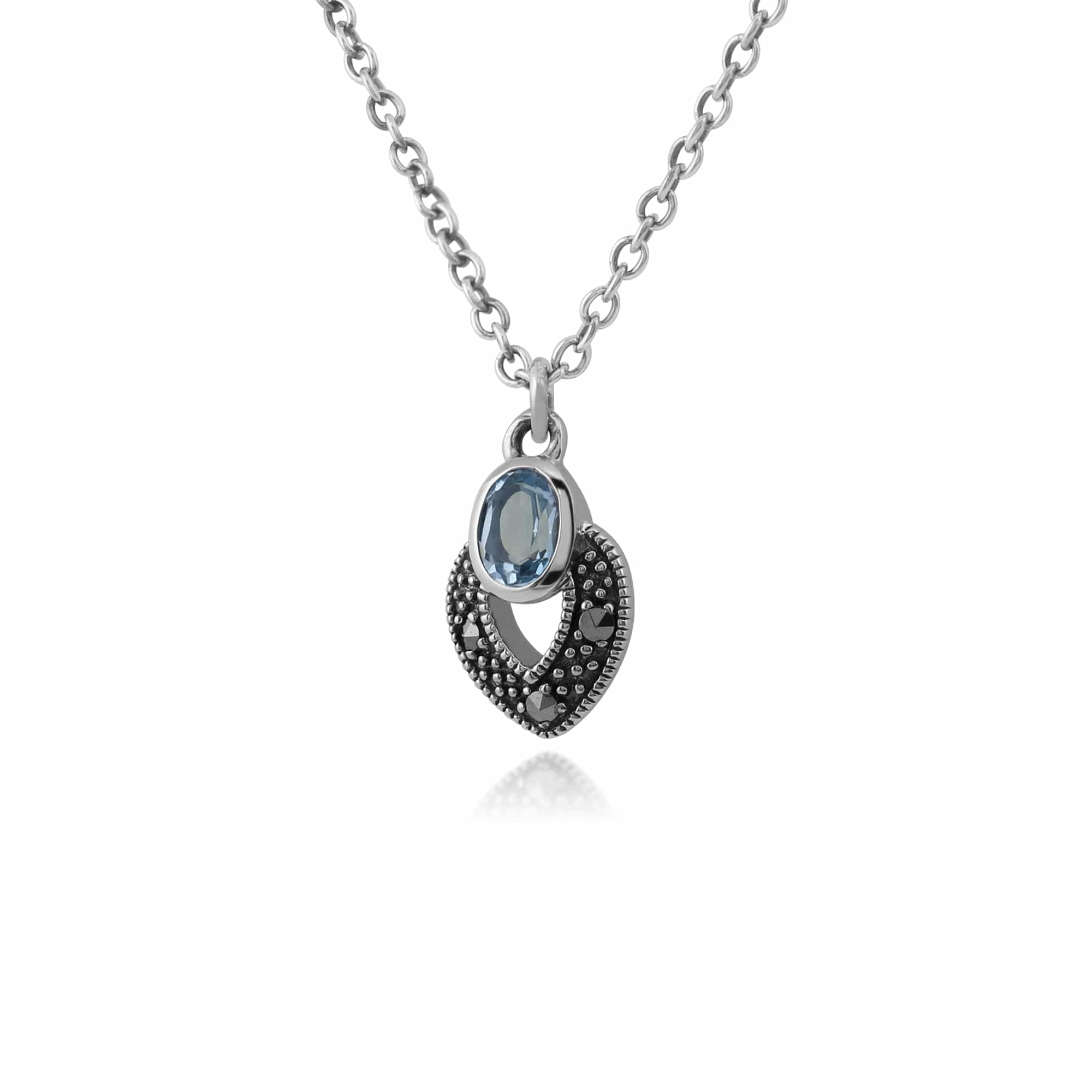 Art Deco Style Oval Blue Topaz & Marcasite Necklace in 925 Sterling Silver - Gemondo