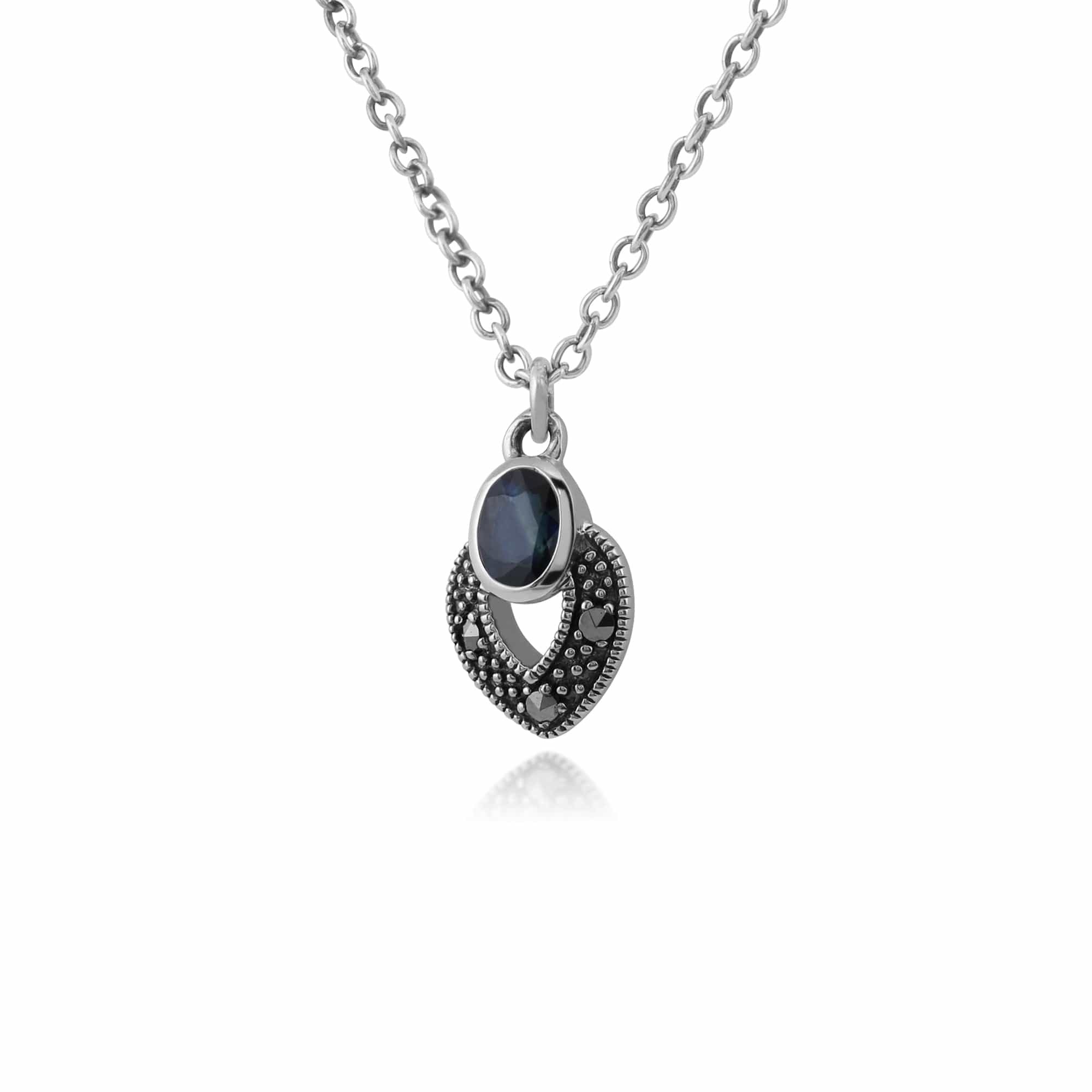 Art Deco Style Oval Sapphire & Marcasite Necklace in 925 Sterling Silver - Gemondo