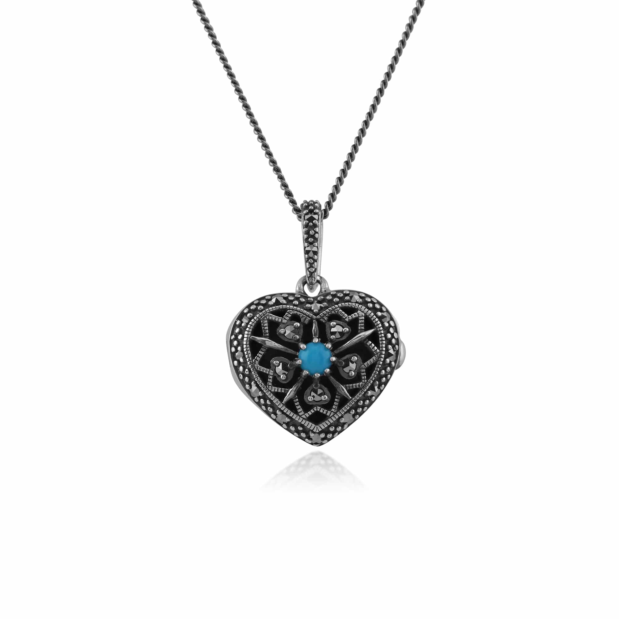 Art Nouveau Style Round Turquoise & Marcasite Heart Necklace in 925 Sterling Silver - Gemondo