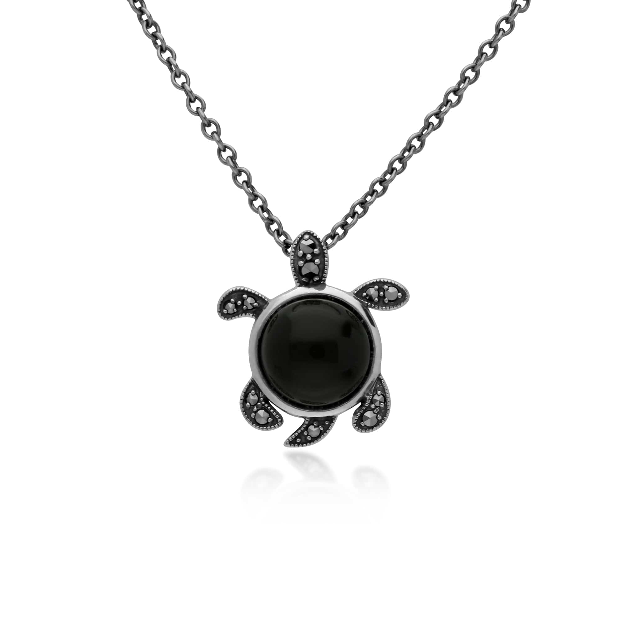 Gemondo Sterling Silver Black Onyx & Marcasite Turtle 45cm Necklace - Gemondo