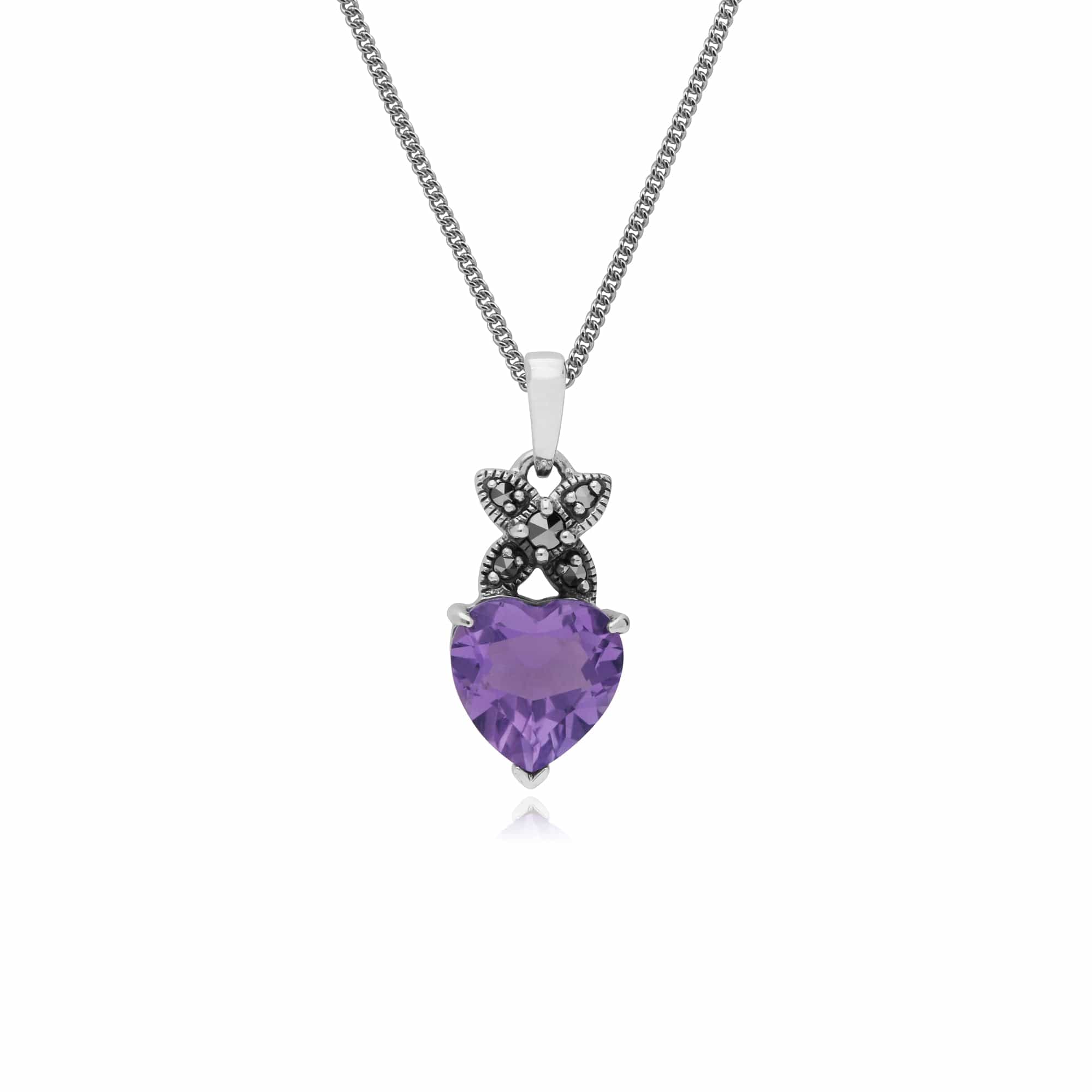 Sterling Silver Amethyst & Marcasite February Heart Pendant on 45cm Chain - Gemondo