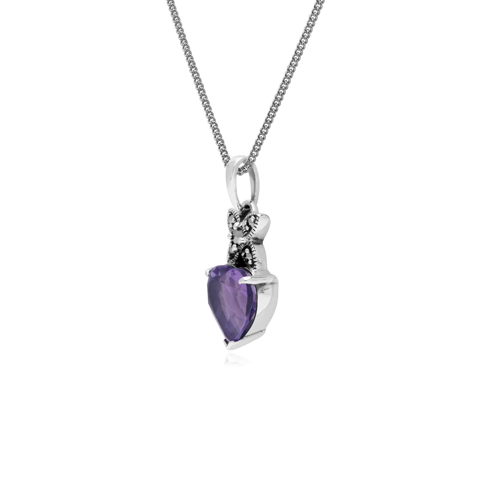 Sterling Silver Amethyst & Marcasite February Heart Pendant on 45cm Chain - Gemondo
