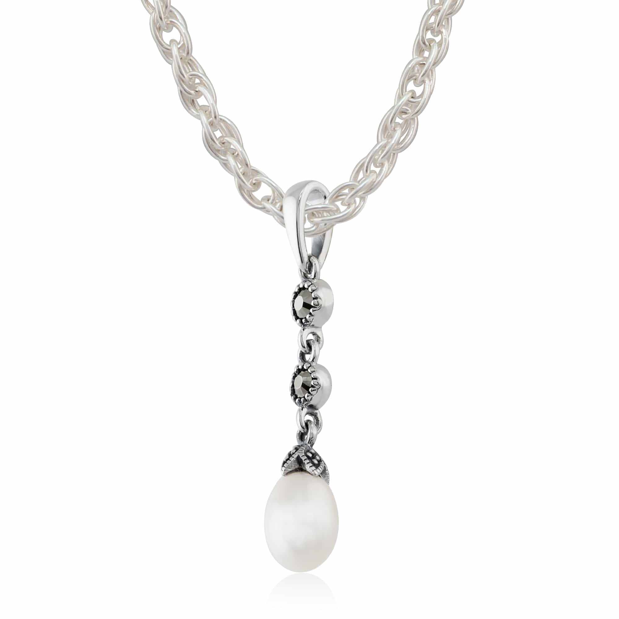 214P285001925 Art Nouveau Style Freshwater Pearl & Marcasite Pendant in 925 Sterling Silver 2