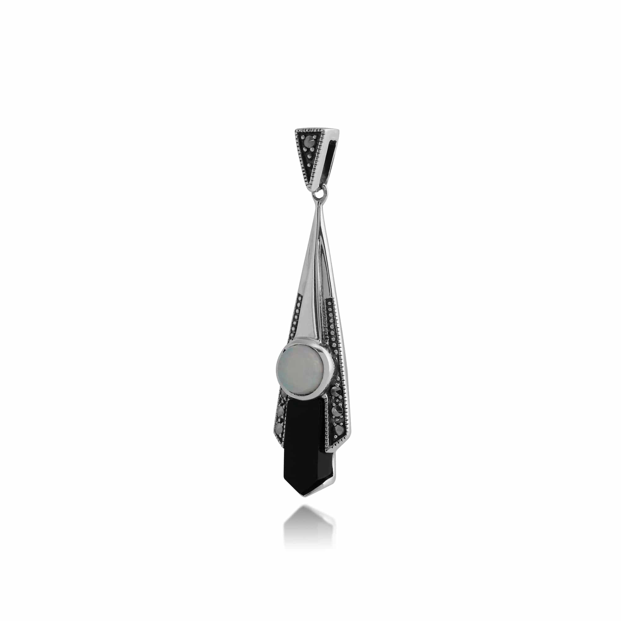 214P295901925 Art Deco Style Round Opal, Black Onyx & Marcasite Fan Drop Pendant in 925 Sterling Silver 2