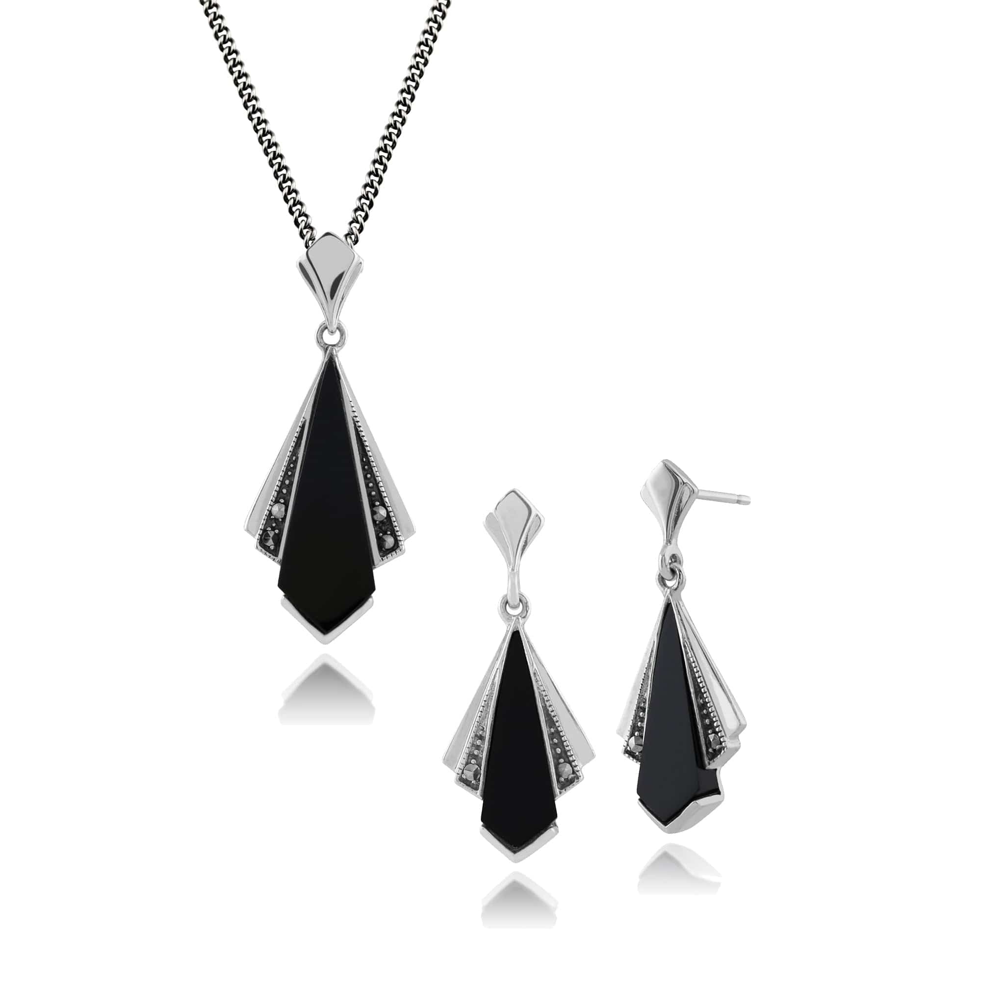214E842601925-214P296301925 Art Deco Style Black Onyx & Round Marcasite Fan Drop Earrings & Pendant Set in 925 Sterling Silver 1