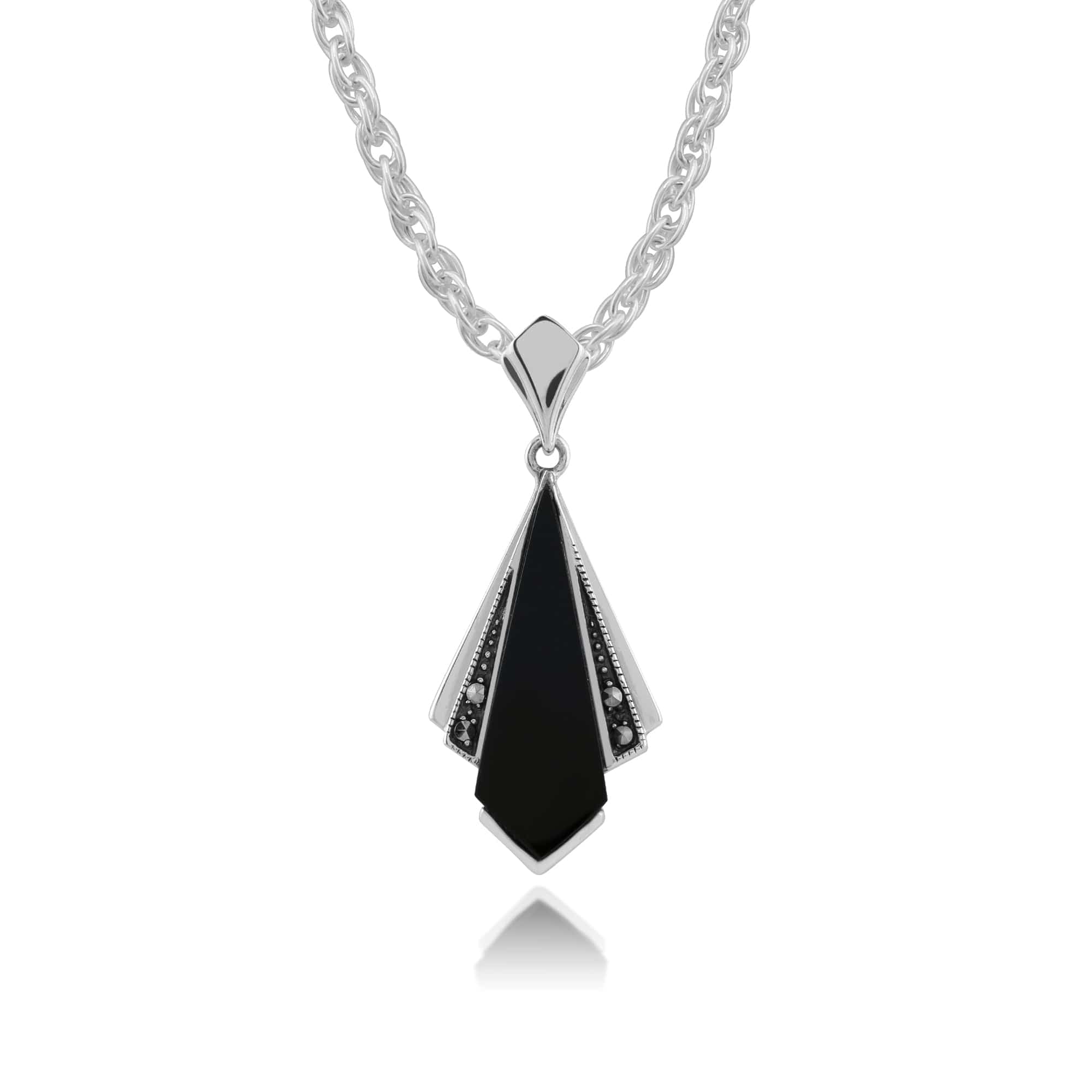 Art Deco Style Black Onyx & Marcasite Fan Drop Pendant in 925 Sterling Silver - Gemondo