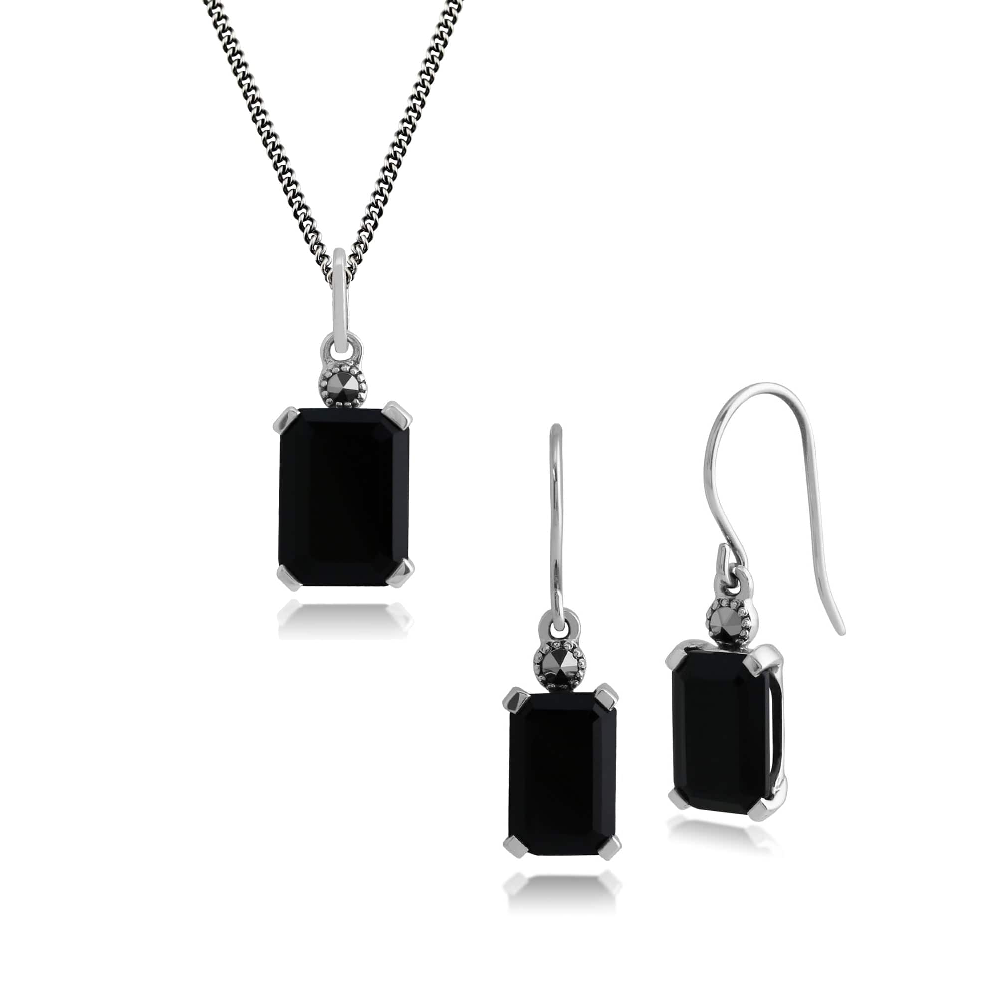 Geometric Hexagon Black Onyx Rectangle Drop Earrings & Pendant Set in 925 Sterling Silver - Gemondo
