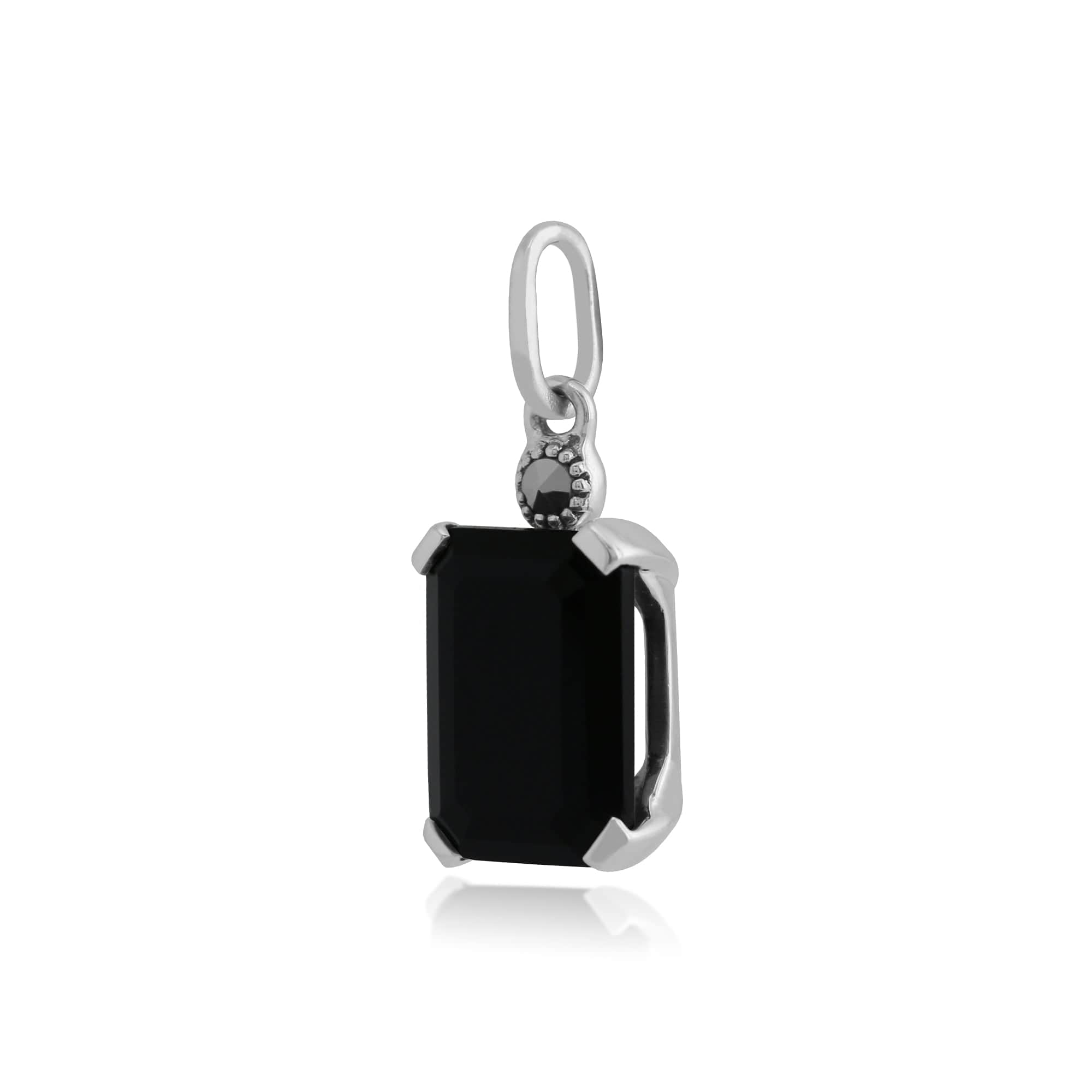 Art Deco Style Octagon Black Onyx & Marcasite Pendant in 925 Sterling Silver - Gemondo