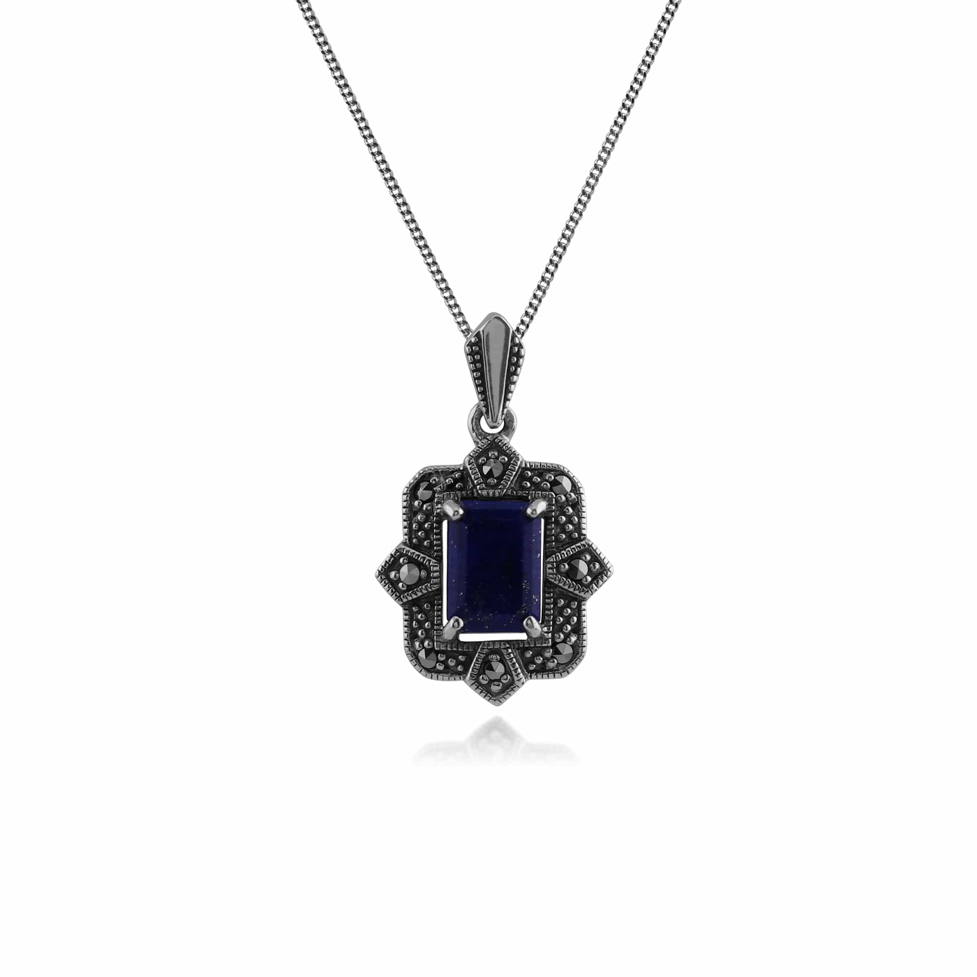 Art Deco Style Octagon Lapis Lazuli & Marcasite Pendant in 925 Sterling Silver - Gemondo