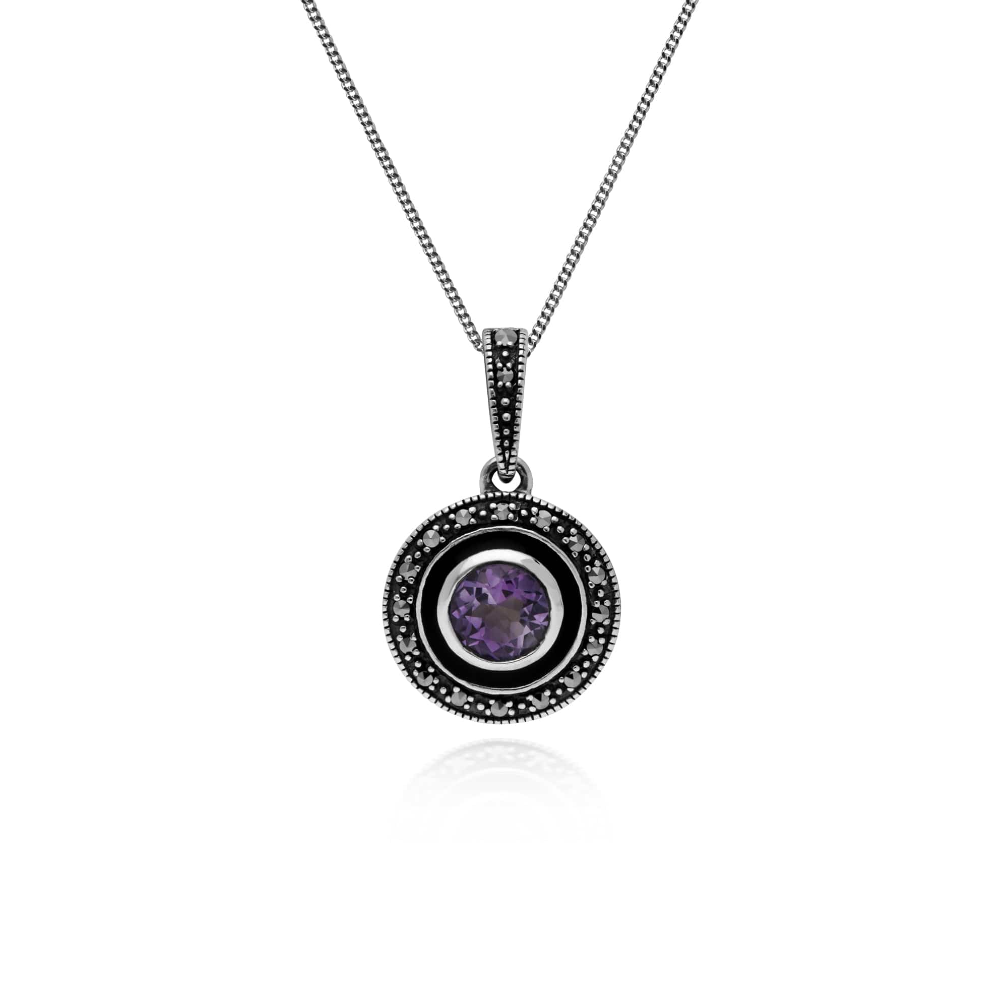 Art Deco Style Round Amethyst, Marcasite & Black Enamel Pendant in 925 Sterling Silver - Gemondo