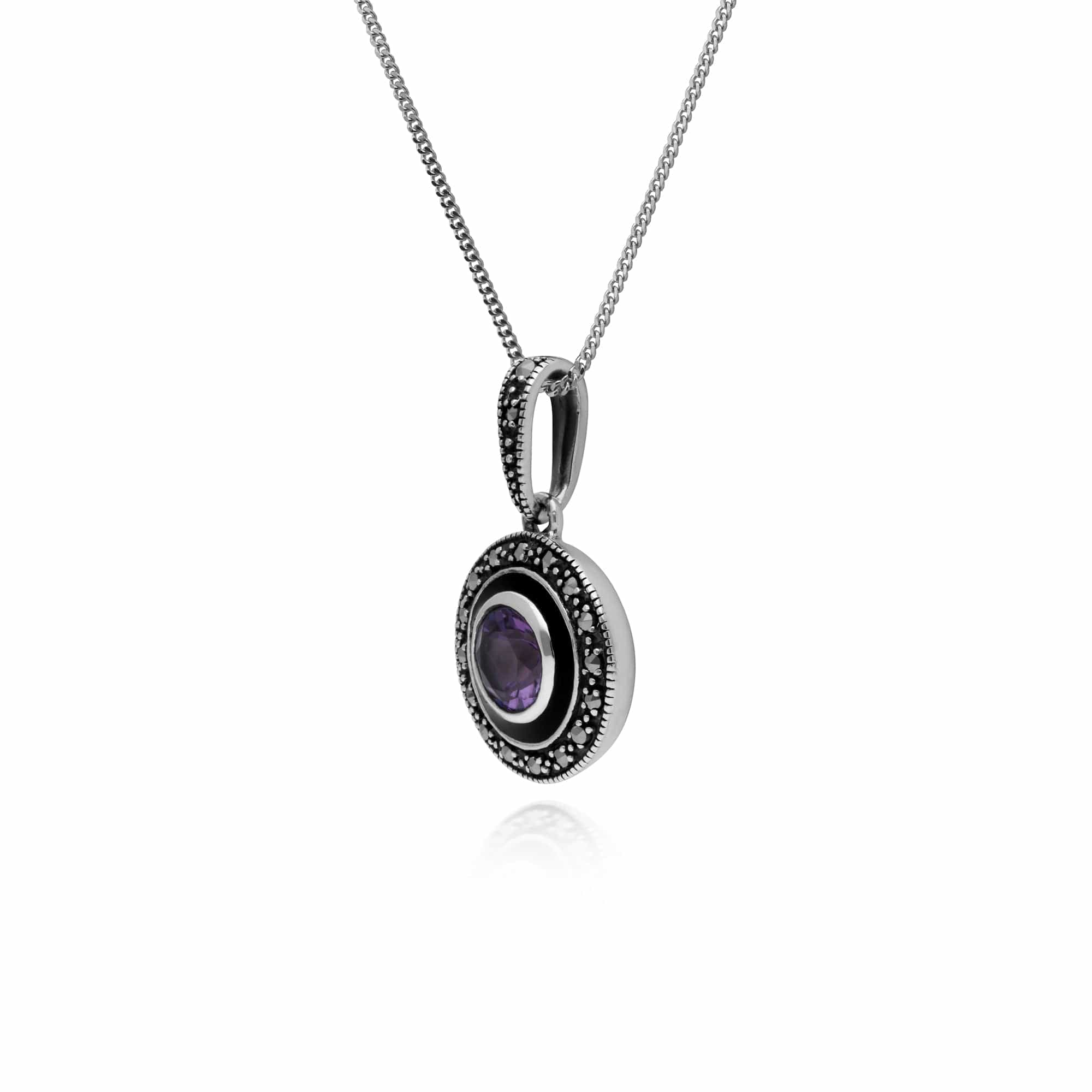 Art Deco Style Round Amethyst, Marcasite & Black Enamel Pendant in 925 Sterling Silver - Gemondo