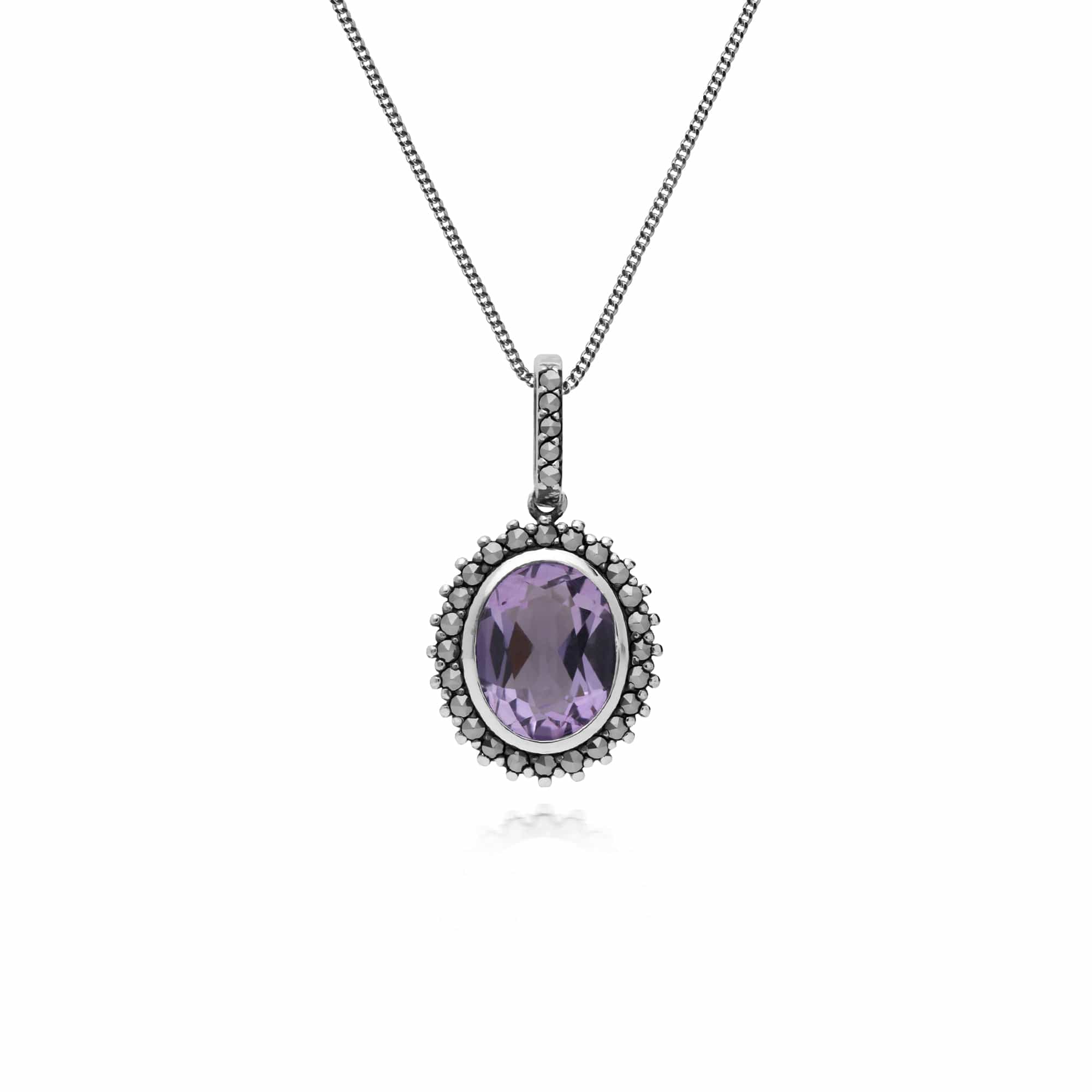 Gemondo Sterling Silver Amethyst & Marcasite Oval Pendant with 45cm Chain - Gemondo