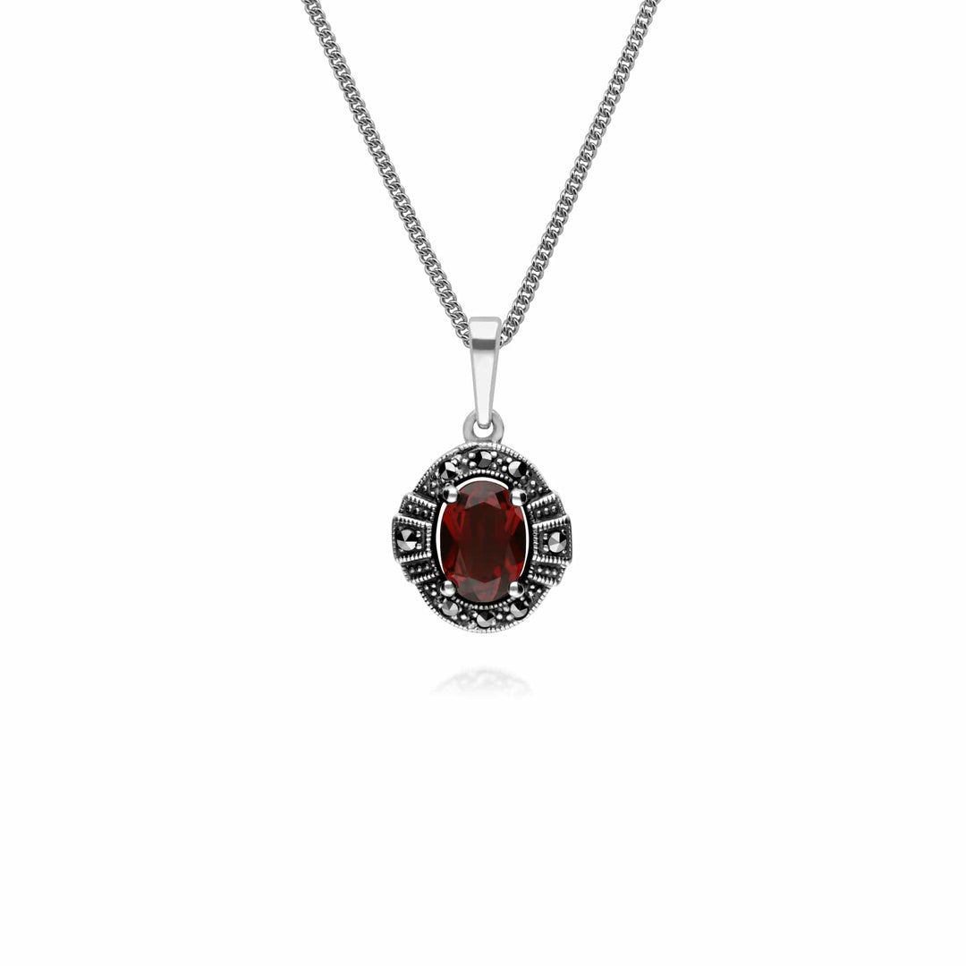 214P303303925-214L165403925 Art Deco Style Oval Garnet and Marcasite Cluster Bracelet & Pendant Set in 925 Sterling Silver 2