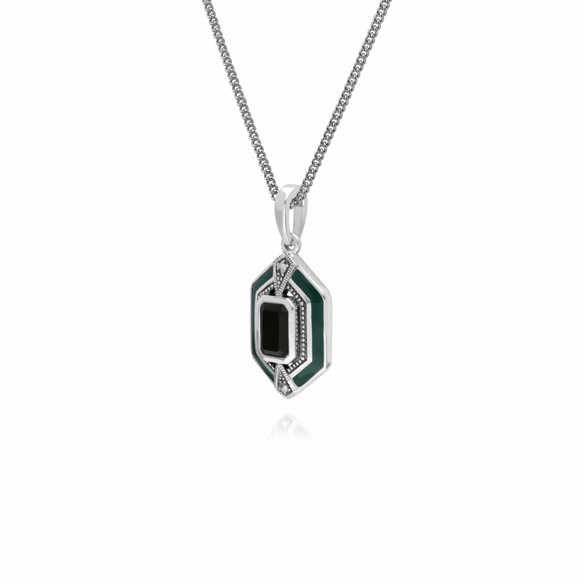 214P303401925 Art Deco Style Octagon Onyx, Marcasite & Enamel Hexagon Pendant in 925 Sterling Silver 2