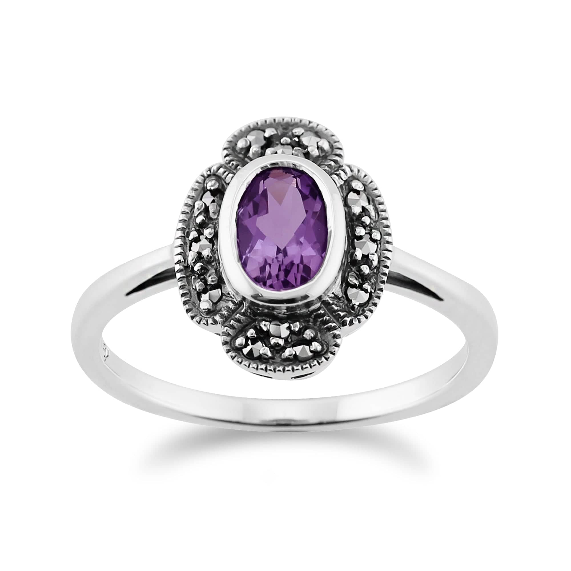 Art Deco Style Oval Amethyst & Marcasite Ring in 925 Sterling Silver - Gemondo