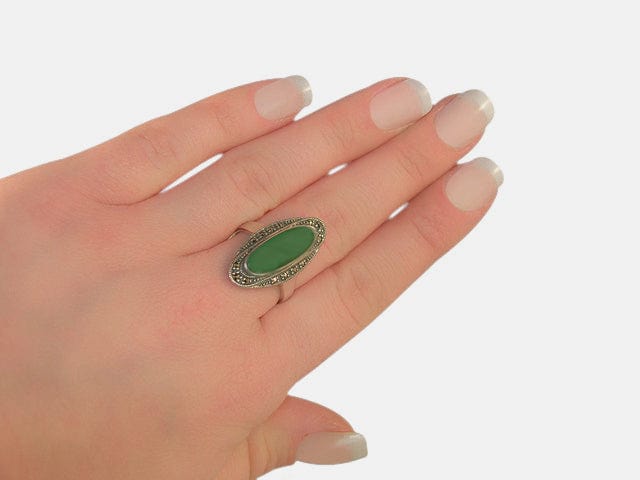 Art Deco Style Oval Green Chalcedony & Marcasite Cocktail Ring in 925 Sterling Silver - Gemondo