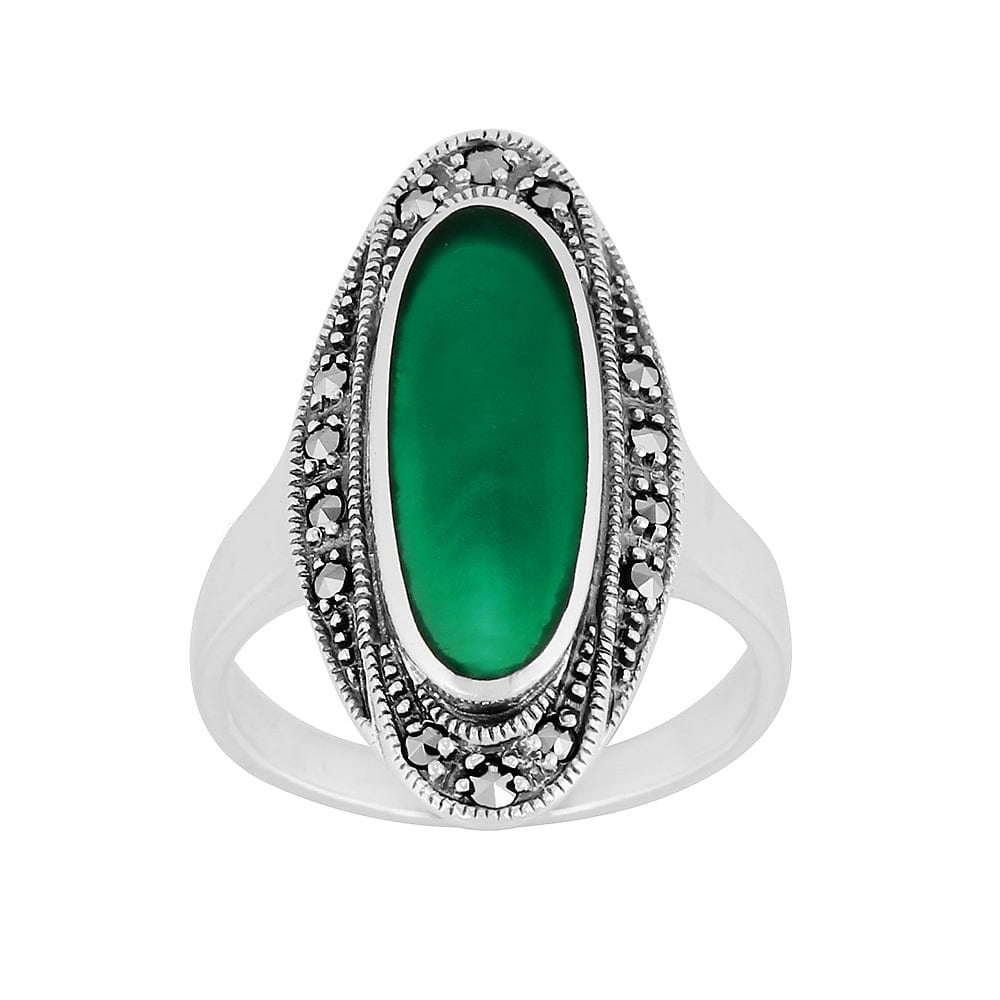 Art Deco Style Oval Green Chalcedony & Marcasite Cocktail Ring in 925 Sterling Silver - Gemondo