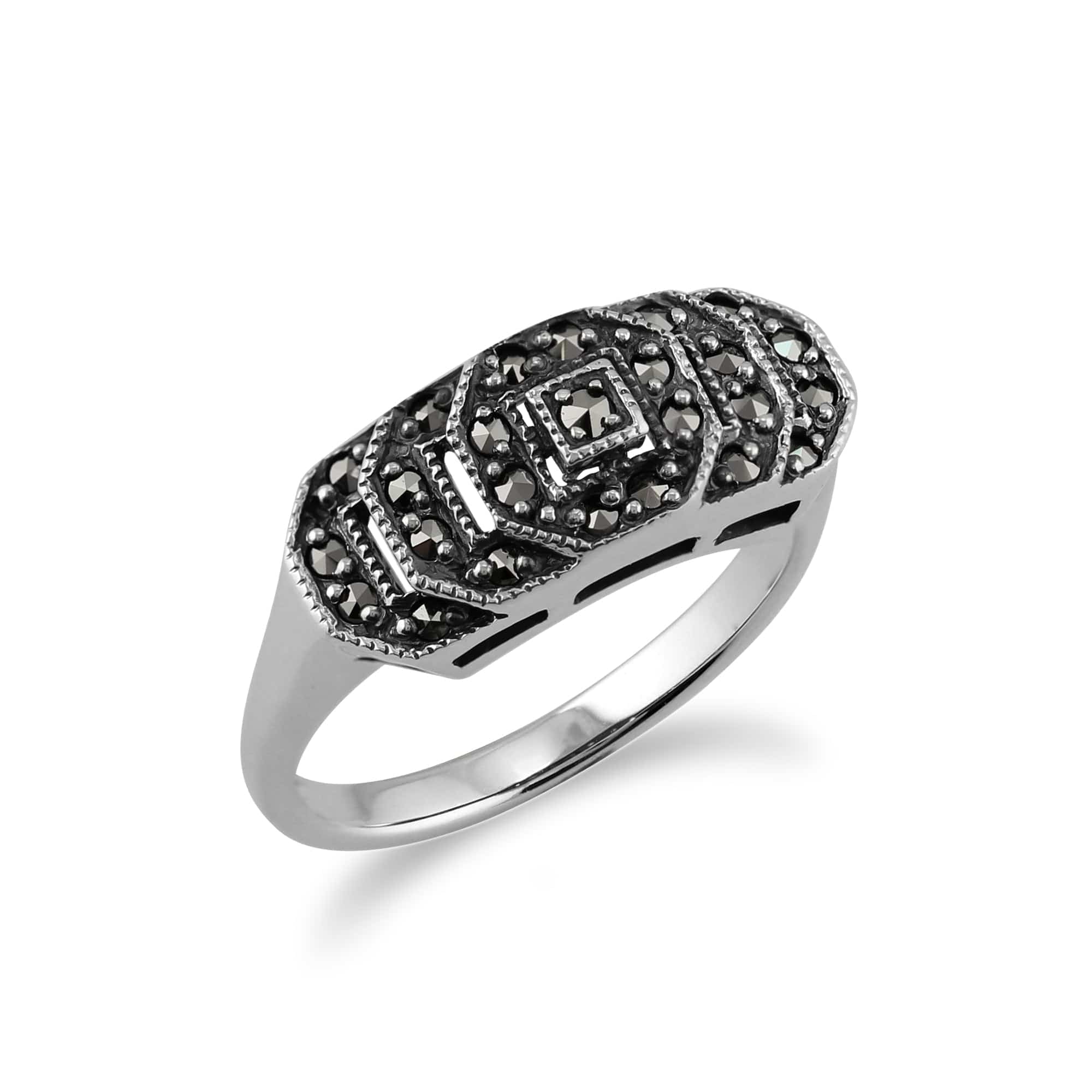 Art Deco Style Round Marcasite Stepped Ring in 925 Sterling Silver