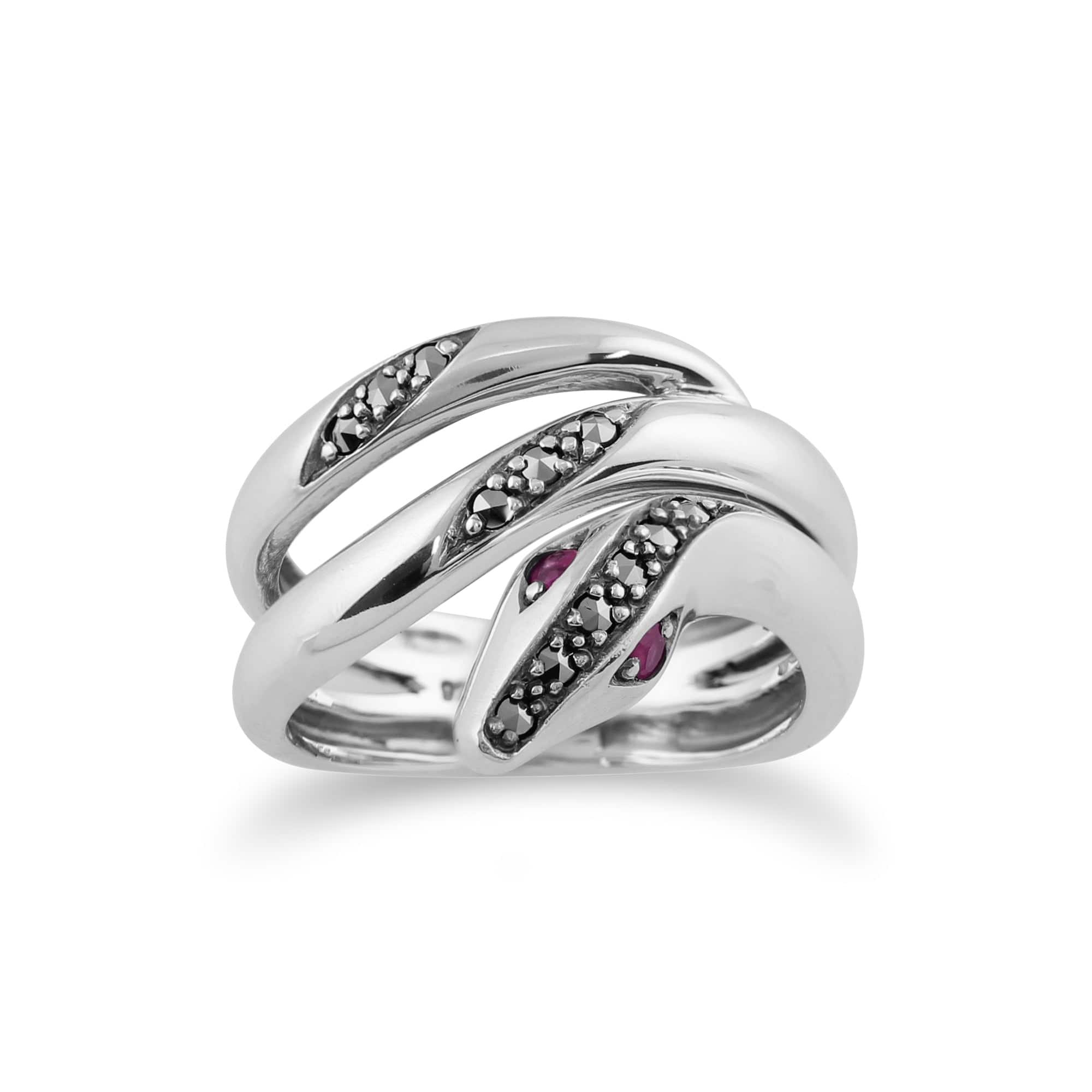 Art Nouveau Style Round Ruby & Marcasite Snake Ring in 925 Sterling Silver