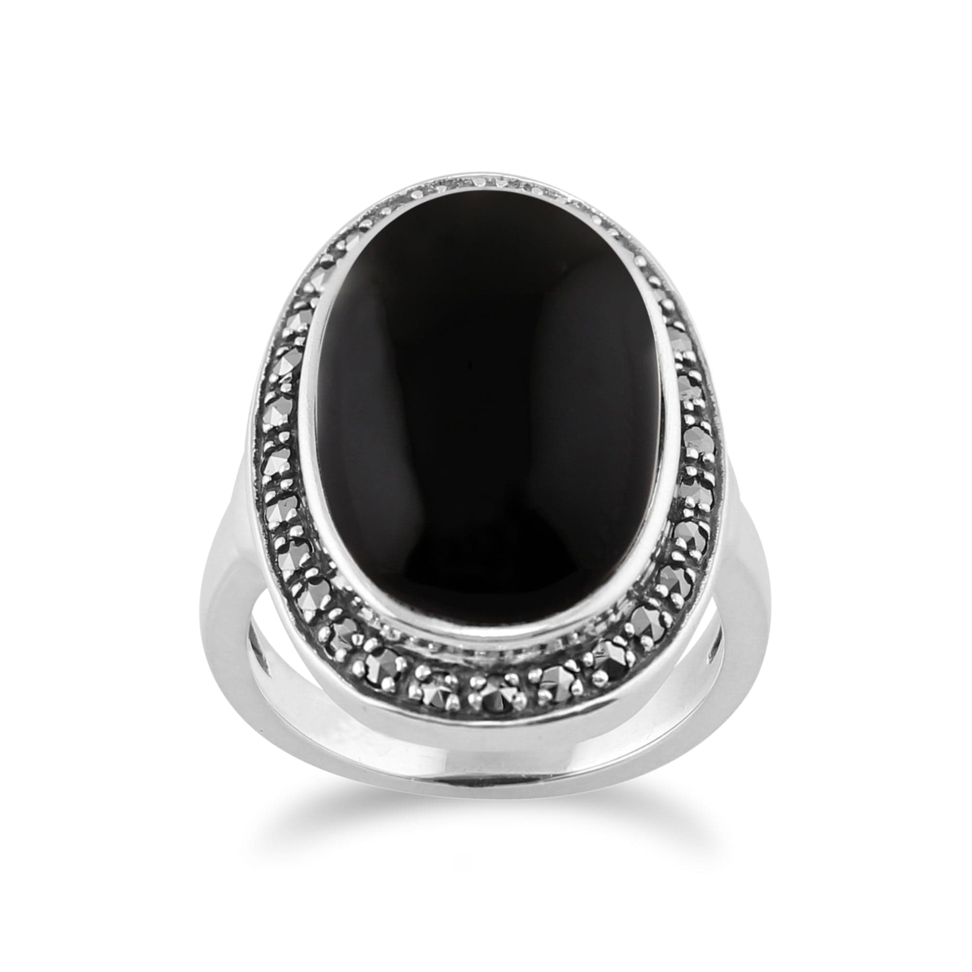 Boho Oval Onyx Cabochon & Marcasite Silver Ring - Gemondo