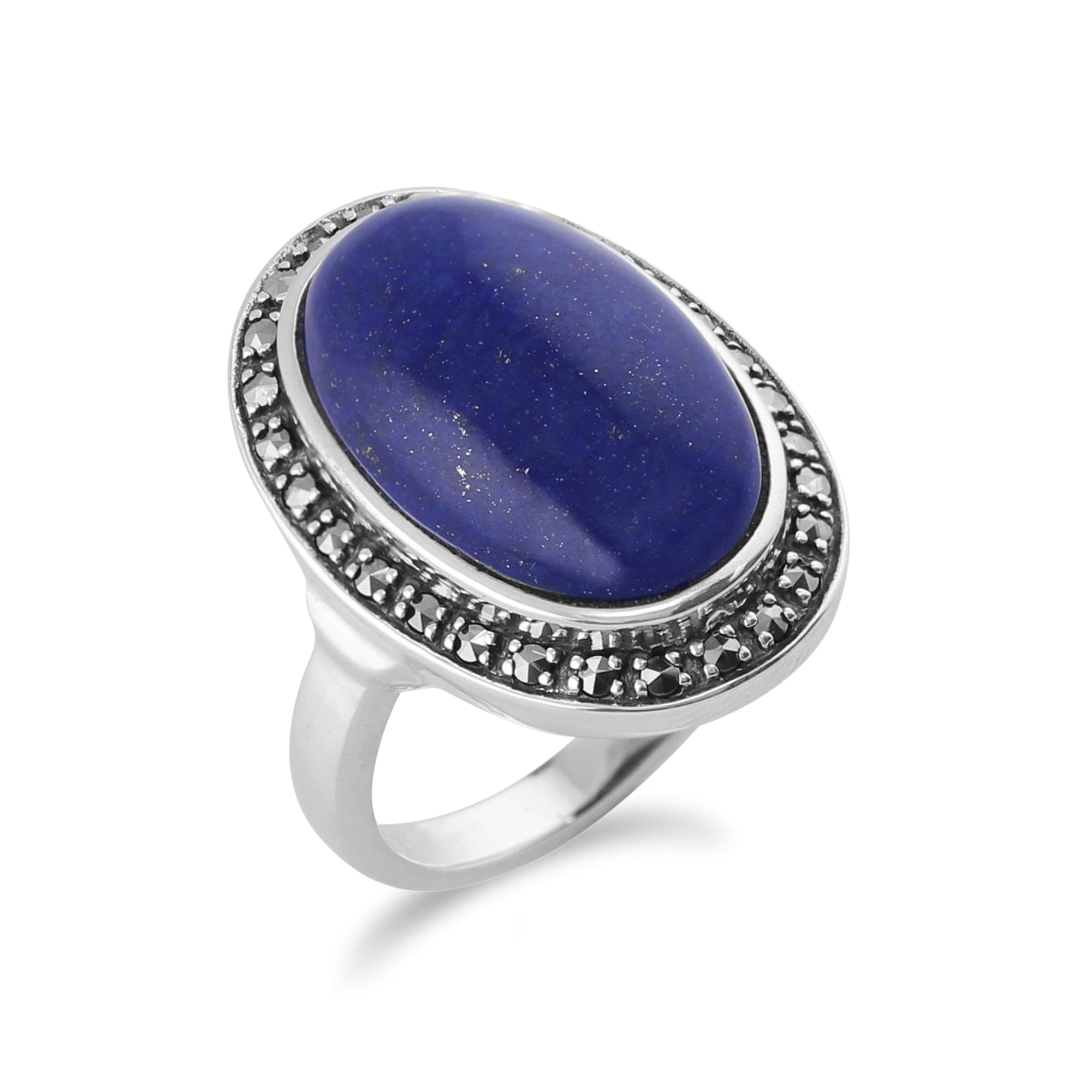 Boho Oval Lapis Lazuli Cabochon & Marcasite Ring in 925 Sterling Silver - Gemondo