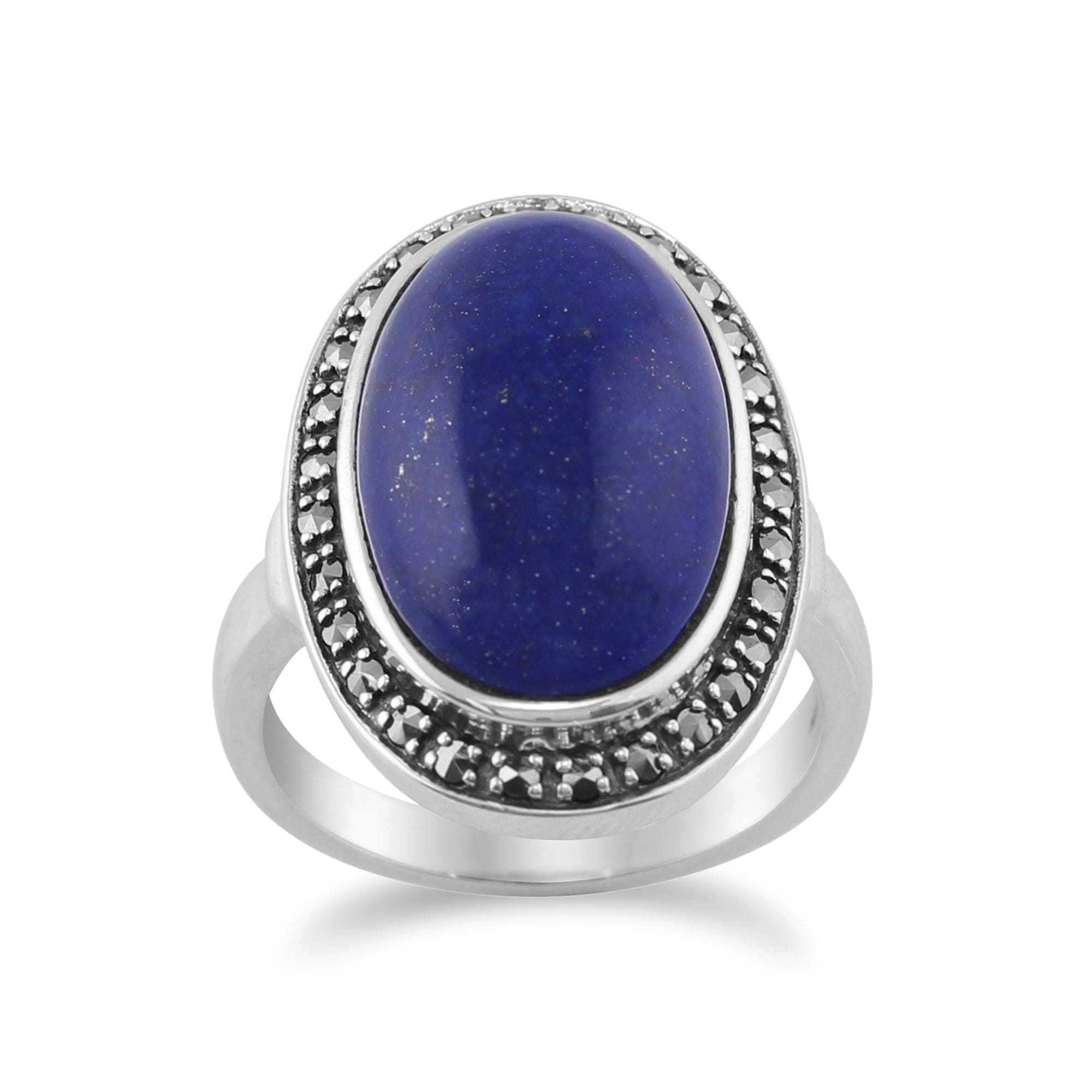Boho Oval Lapis Lazuli Cabochon & Marcasite Ring in 925 Sterling Silver - Gemondo