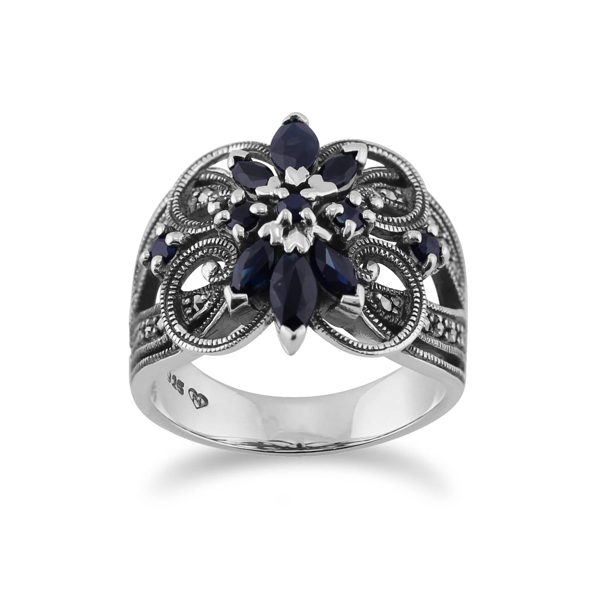 Art Nouveau Marquise Sapphire & Marcasite Cocktail Ring in 925 Sterling Silver 