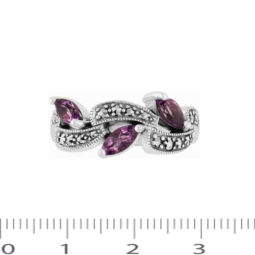 Art Nouveau Style Marquise Amethyst & Marcasite Ring in 925 Sterling Silver - Gemondo
