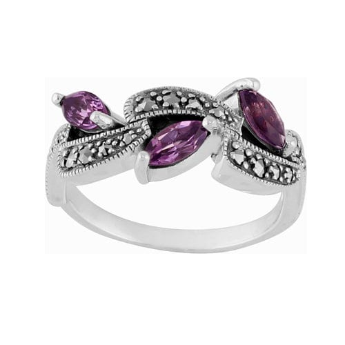 Art Nouveau Style Marquise Amethyst & Marcasite Ring in 925 Sterling Silver - Gemondo