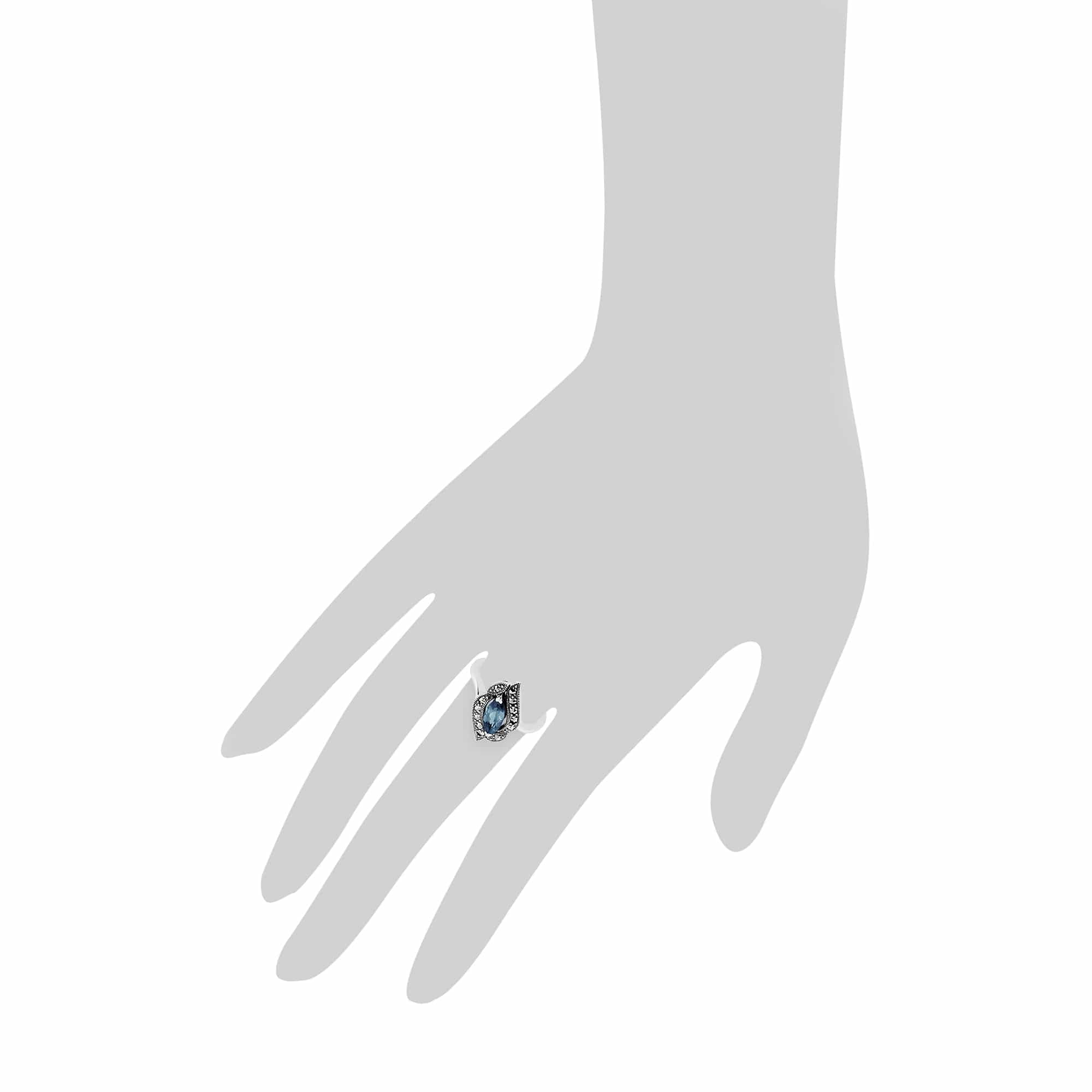 Art Nouveau Style Marquise Blue Topaz & Marcasite Ring in 925 Sterling Silver - Gemondo
