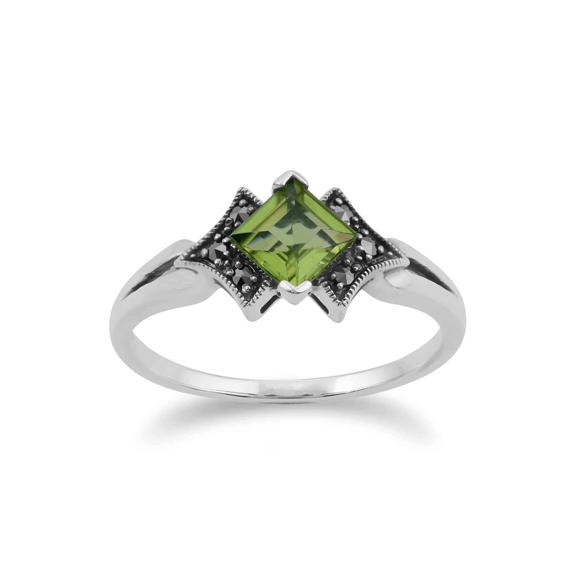 Art Deco Style Square Peridot & Marcasite Ring in 925 Sterling Silver - Gemondo