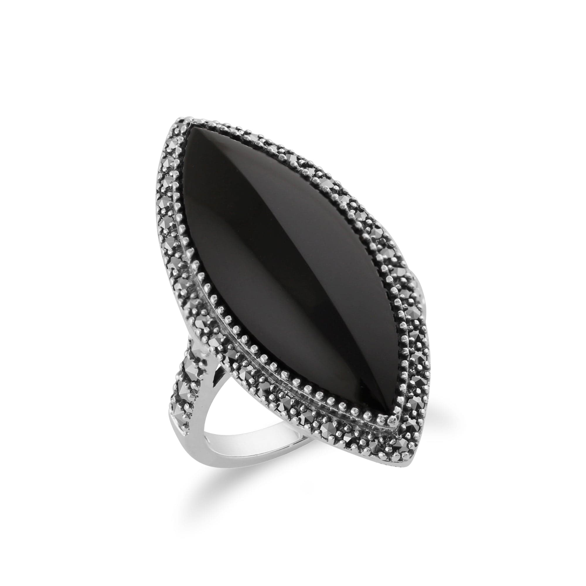 Art Deco Style Marquise Black Onyx & Marcasite Statement Ring in 925 Sterling Silver
