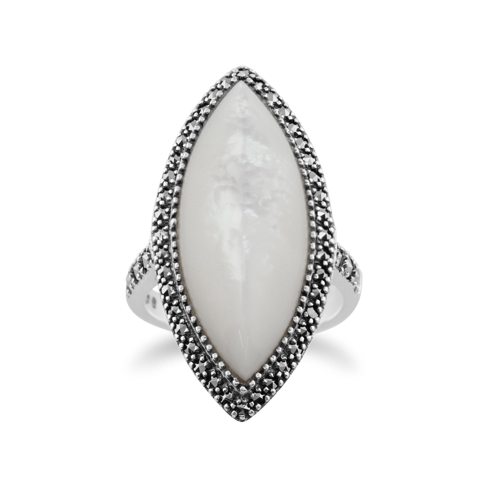 Art Deco Style Marquise Mother of Pearl & Marcasite Statement Ring in 925 Sterling Silver